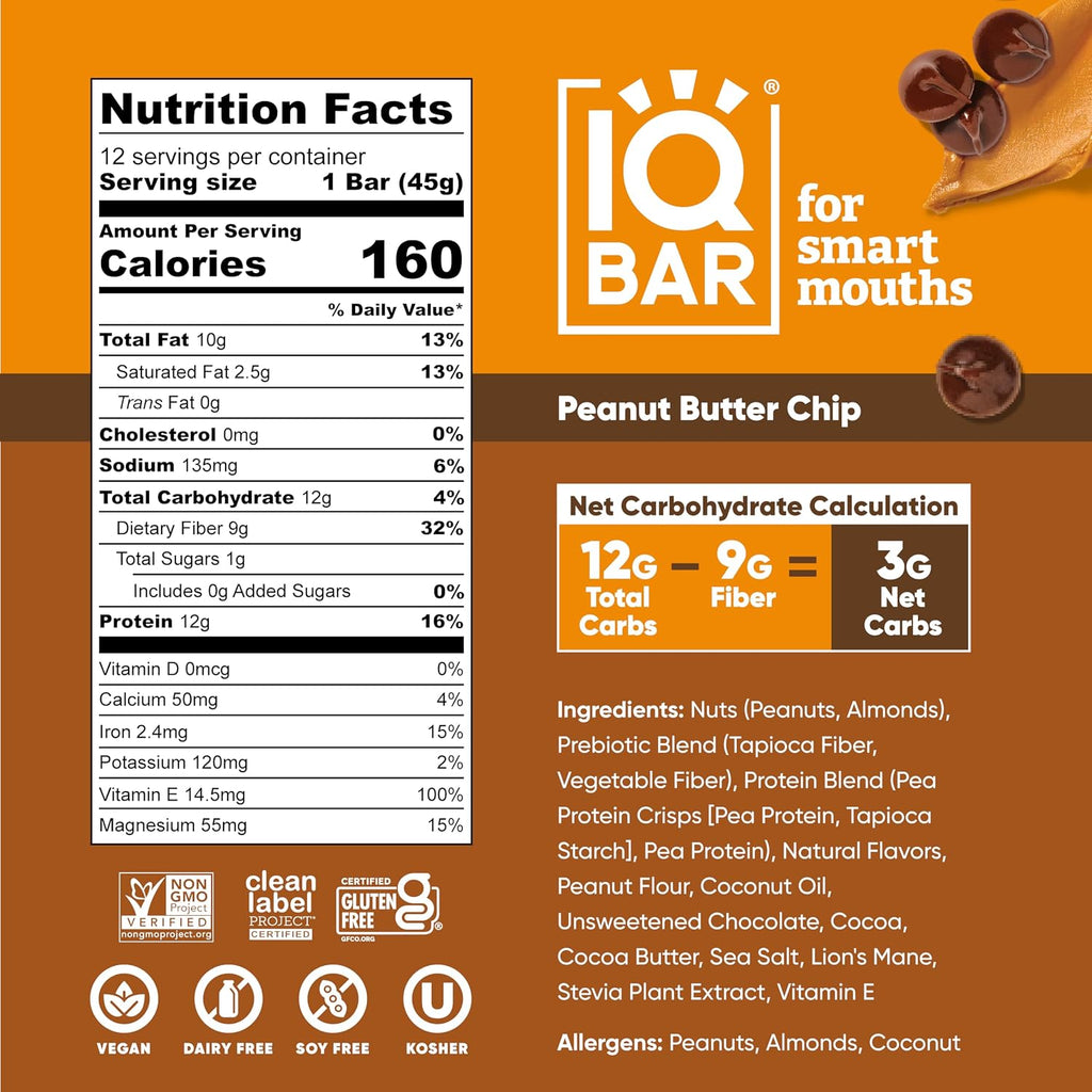 IQBAR Clean Protein Bars, Low Sugar Keto, Peanut Butter Chip 24-Count