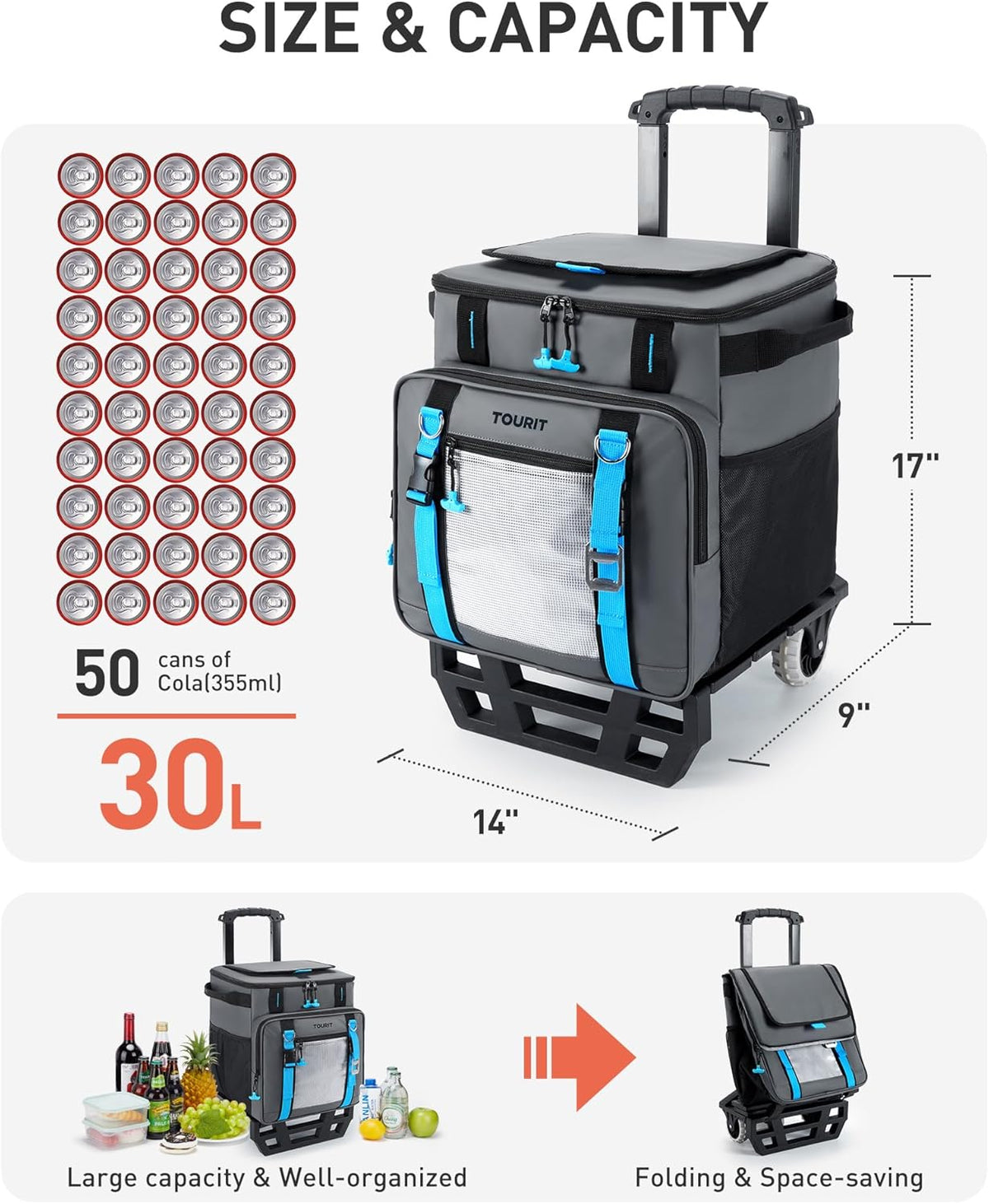 TOURIT Collapsible Rolling Cooler with Wheels, 12H Insulated & Waterproof