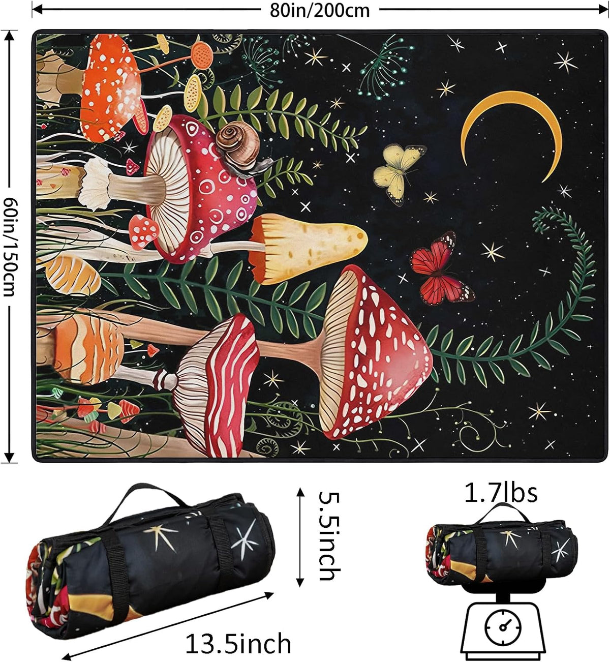 Mushroom Picnic Blankets Waterproof Foldable Picnic Outdoor Blanket 80"x 60" Picnic Mat 3-Layer Thicking Outdoor Foldable Blankets Sandproof Lightweight Beach Blankets with Strap Machine Washable