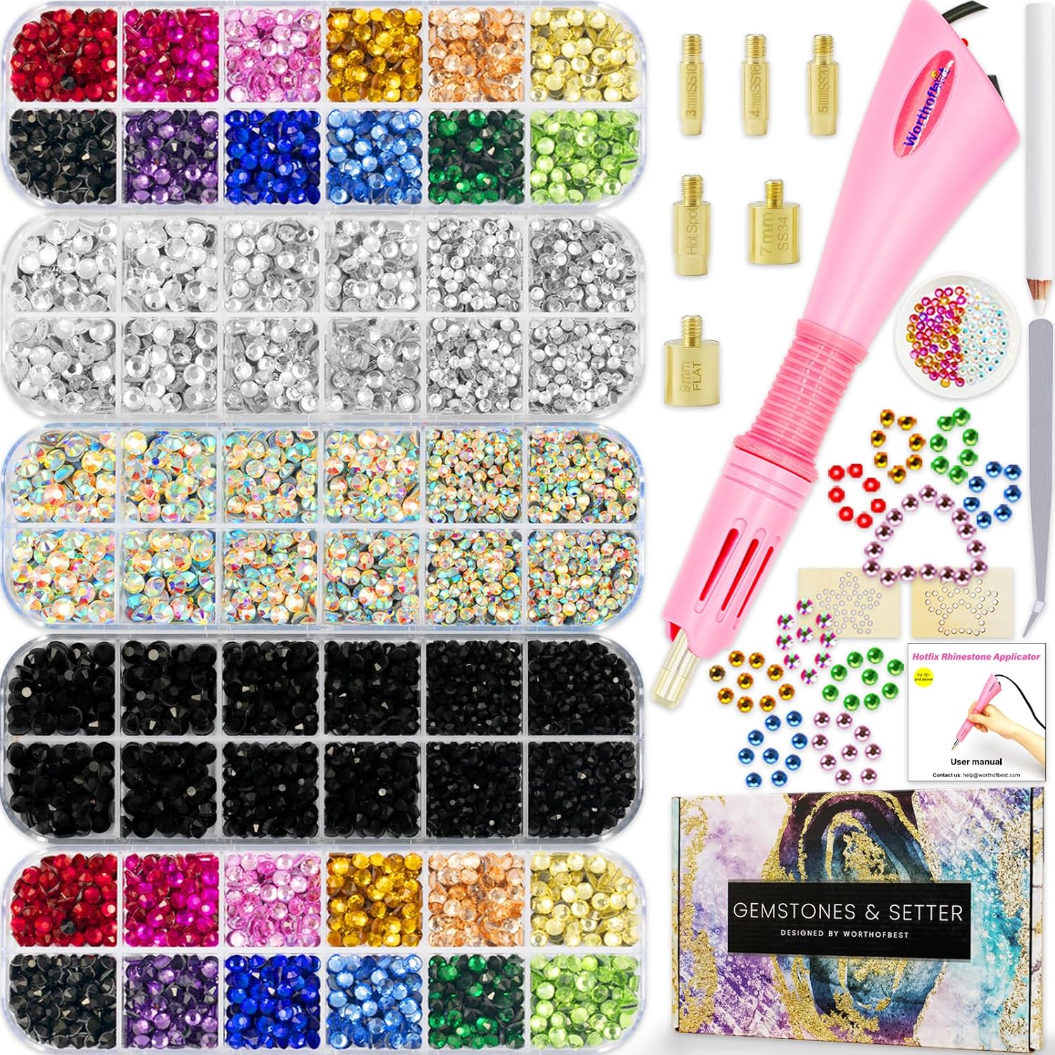 Worthofbest Hot Fix Rhinestone Applicator Tool Kit, 8500Pcs Hotfix Rhinestones (3/4/5mm), 6 Fabric-Safe Tips, Rhinestone Setter with Tray Templates Tweezers Dotting Pen for DIY Clothing Fabric Crafts