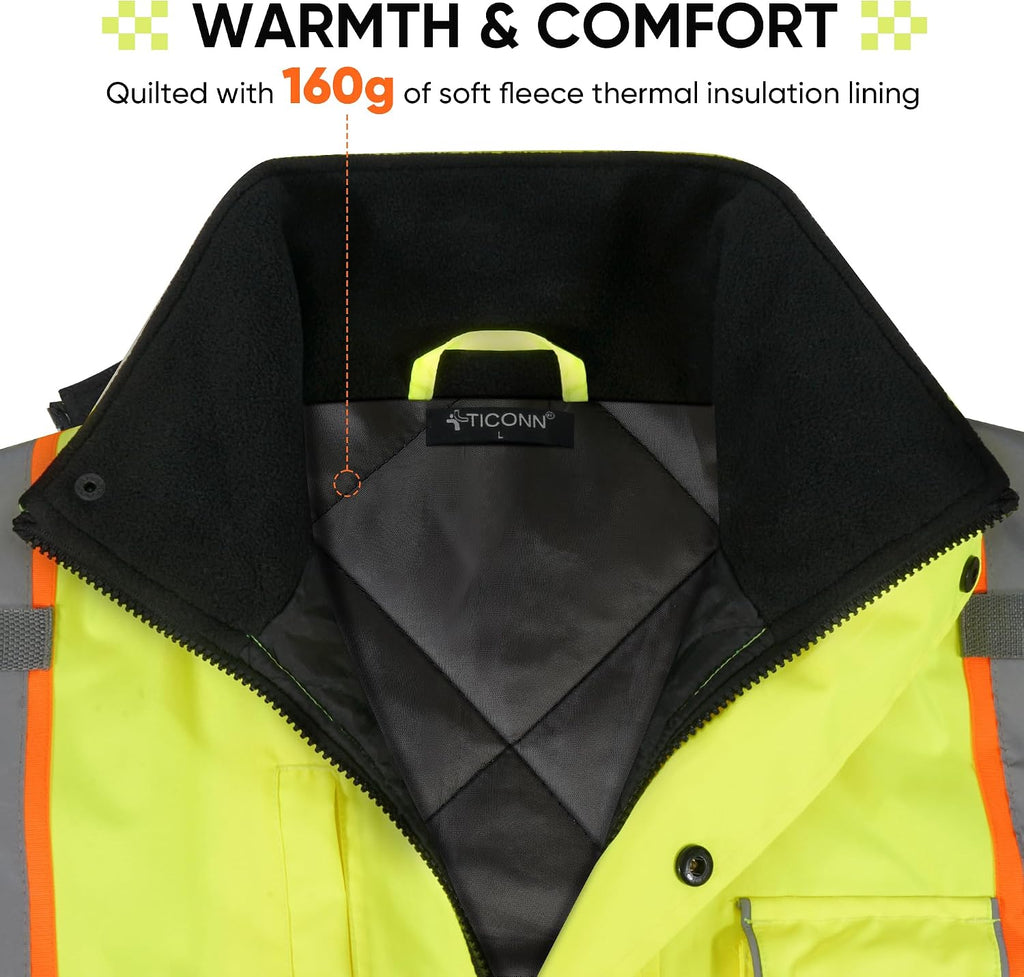 TICONN Hi Vis Safety Bomber Jacket, Fleece-Lined Waterproof ANSI Class 3