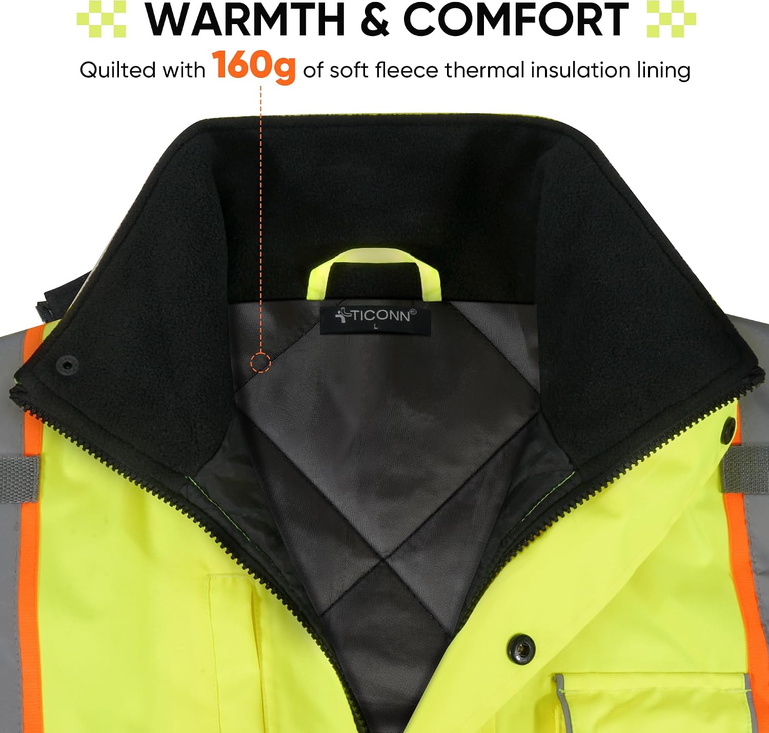 TICONN Hi Vis Safety Bomber Jacket, Fleece-Lined Waterproof ANSI Class 3