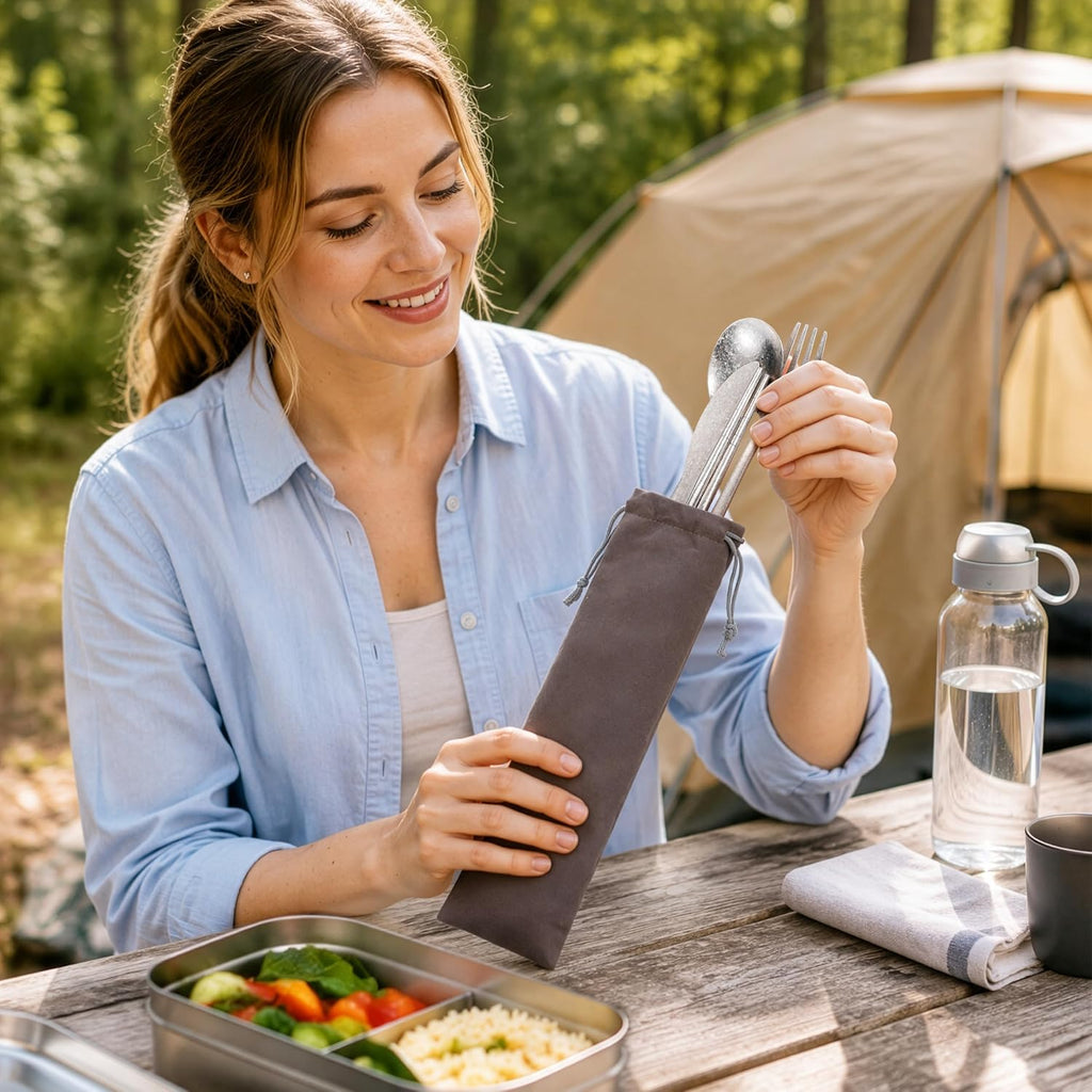 100% Pure Titanium Cutlery Set, Snowflake Pattern Titanium Tableware with 304 Stainless Steel Case & Silicone Holder, Ultralight Portable Utensils with Bonus Carry Bag for Camping