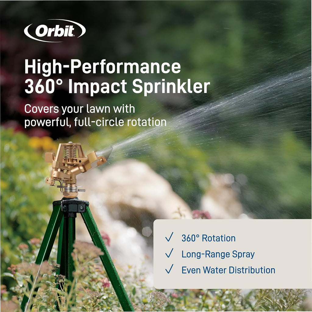 Orbit Tripod Lawn Zinc Impact Sprinkler - 360 Degree Rotating Yard Sprinkler with Adjustable Height - Heavy-Duty Zinc - High-Pressure Nozzle - for Large Lawn Coverage - 56667