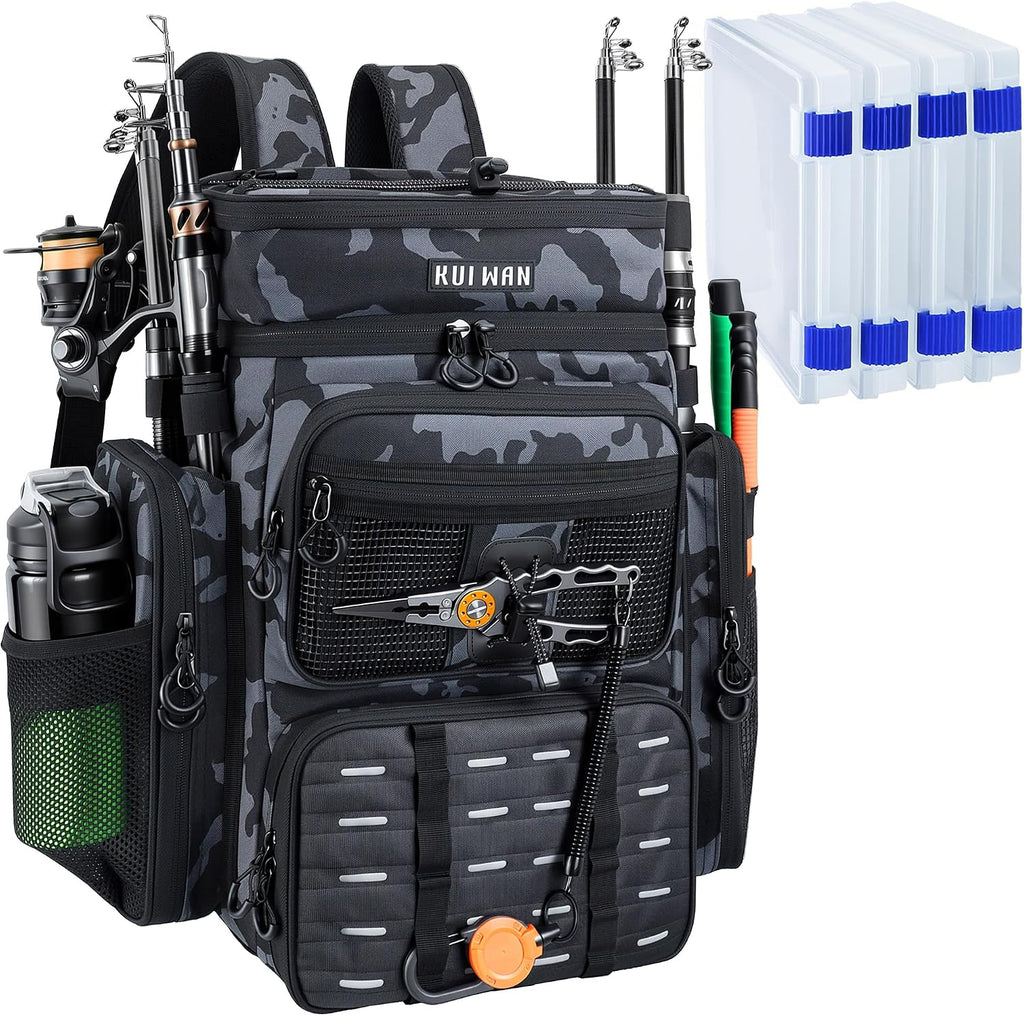 Fishing Backpack with Cooler & 4 Rod Holder, Large 45L Tackle Bag Store Fishing Gear Boxes Gifts for Men Woman-Black Back Pack
