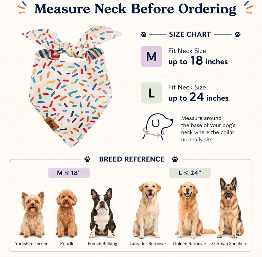 Dog Birthday Bandana, Reversible Soft Breathable Adjustable Pet Scarf for Medium & Large Dogs, Party Photo Outfit for Boy or Girl, Sprinkle and Stripe, Medium Fits Up to 18"