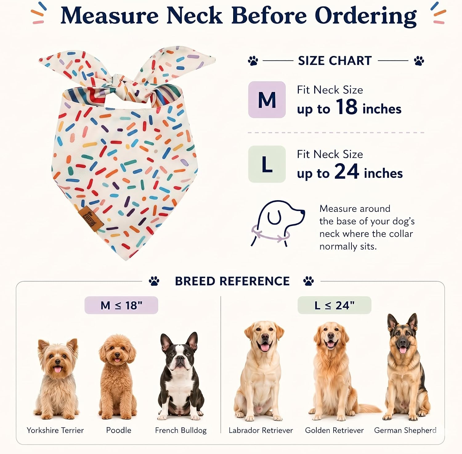 Dog Birthday Bandana, Reversible Soft Breathable Adjustable Pet Scarf for Medium & Large Dogs, Party Photo Outfit for Boy or Girl, Sprinkle and Stripe, Medium Fits Up to 18"