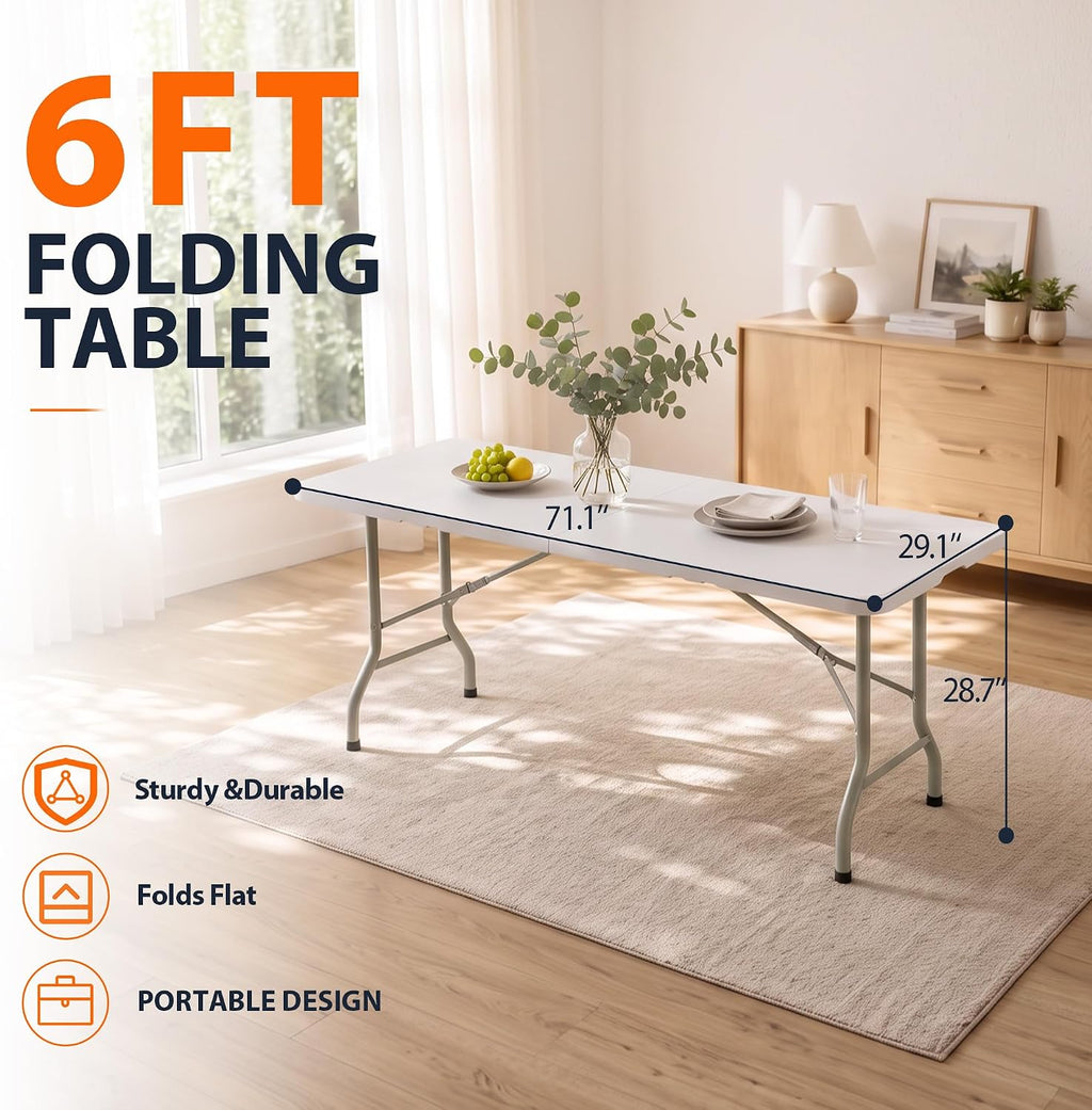 HULKFIT 6FT Heavy Duty Folding Table, Portable Utility Table for Parties, Events, and Dining, Supports up to 330 lbs, Easy Fold & Store