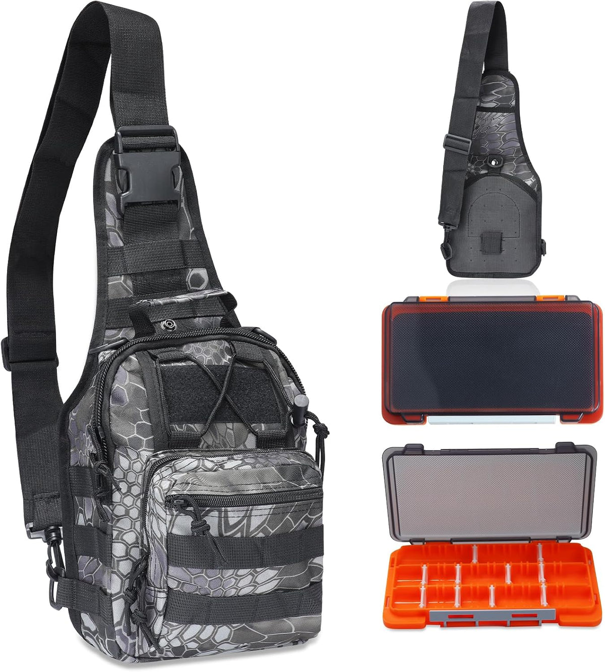 Waterproof Fishing Backpack with 2 Tackle Boxes, 2-Way Carry Design & Durable Material,Black, Khaki, Camo (Black with Two Tackle Boxes)