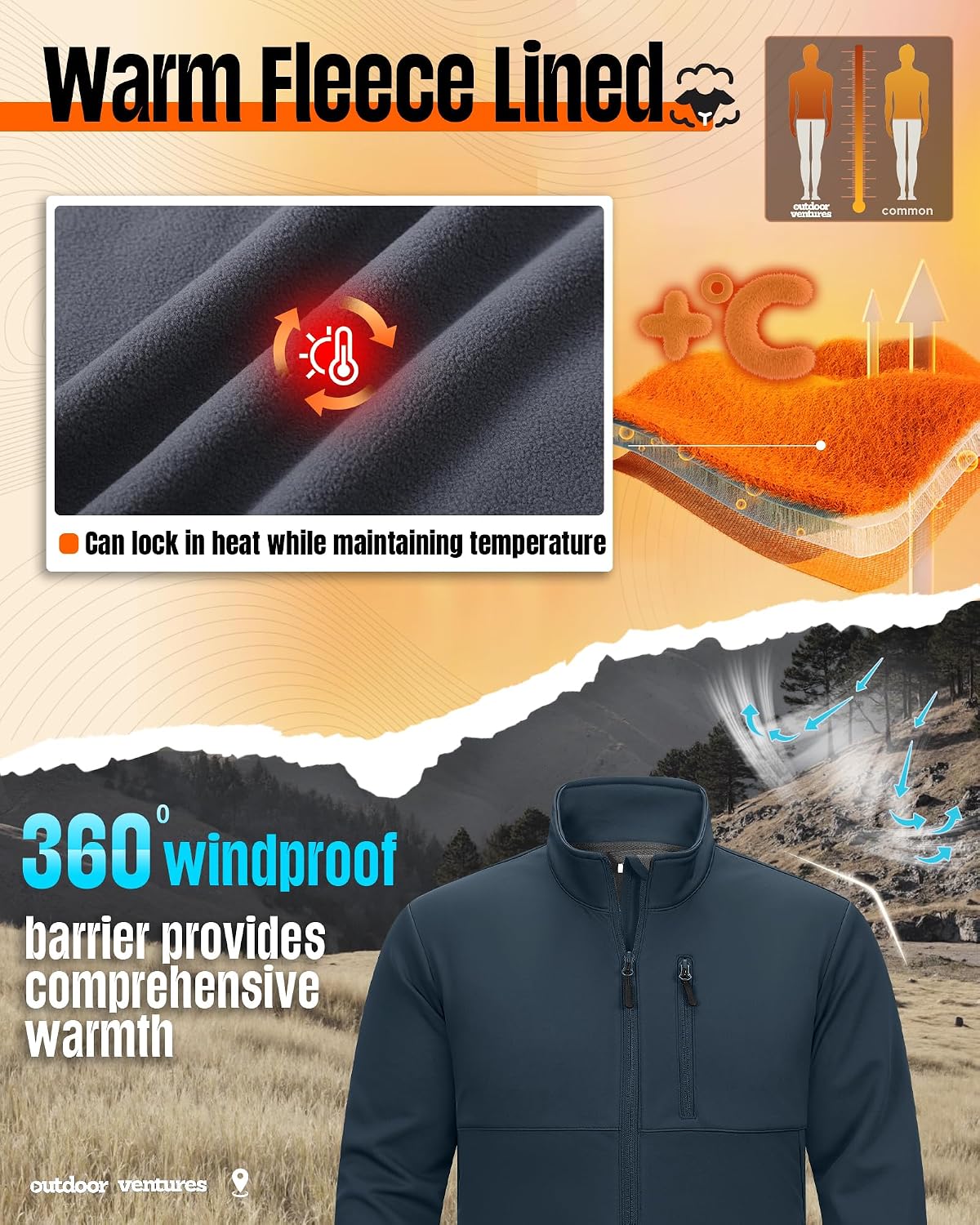 Outdoor Ventures Men's Softshell Jacket Waterproof Lightweight Rian Jacket