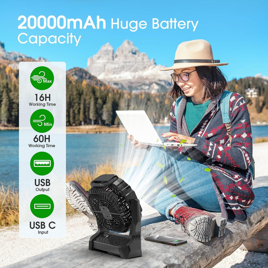 Portable Fan Rechargeable 20000mAh Cordless Battery Powered Camping Fan