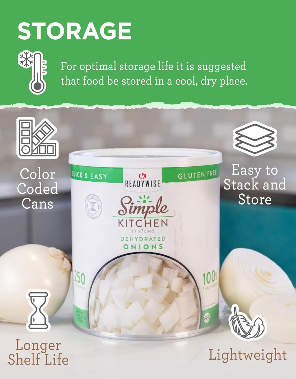 Simple Kitchen Dehydrated Chopped Onions - 250 Servings for Emergency Meal Prep, Gluten Free & Freeze Dried Survival Just Add Water Canned Food, for Camping Meals, Backpacking & Hiking, #10 Can Package
