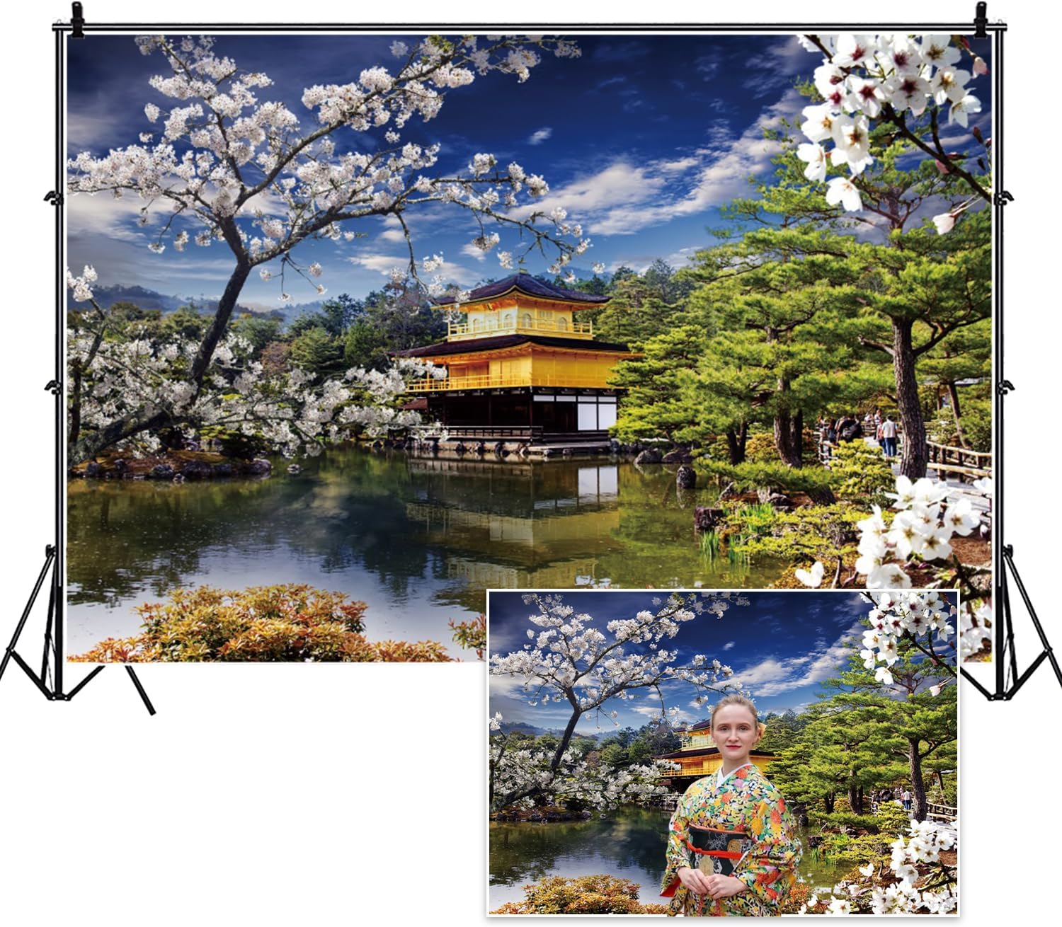 10x8ft Japan Scenery Photography Backdrop Japanese Style Building Garden Pink Cherry Asian Travel Themed Birthday Party Wedding Portrait Photo Studio Props Background Room Wallpaper