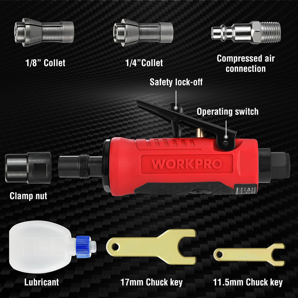 WORKPRO Pneumatic Straight Die Grinder, 25000 RPM, 1/4" & 1/8" Collets