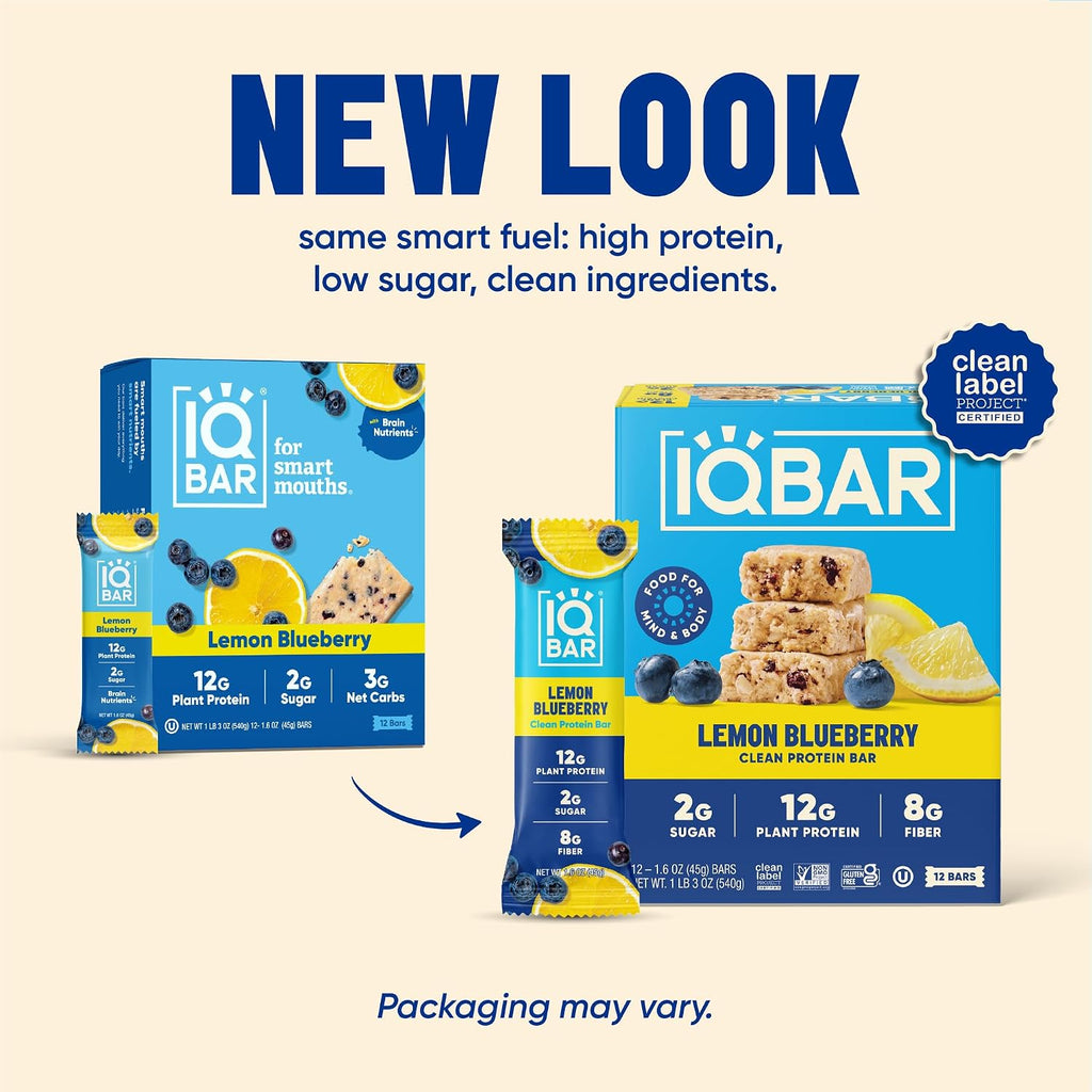 IQBAR Clean Protein Bars, Low Sugar Keto, Lemon Blueberry 24-Count