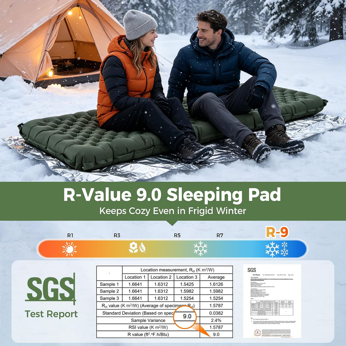 Lamberia 9.0 R Value Self Inflating Sleeping Pad, 5" Thick Camping Bed