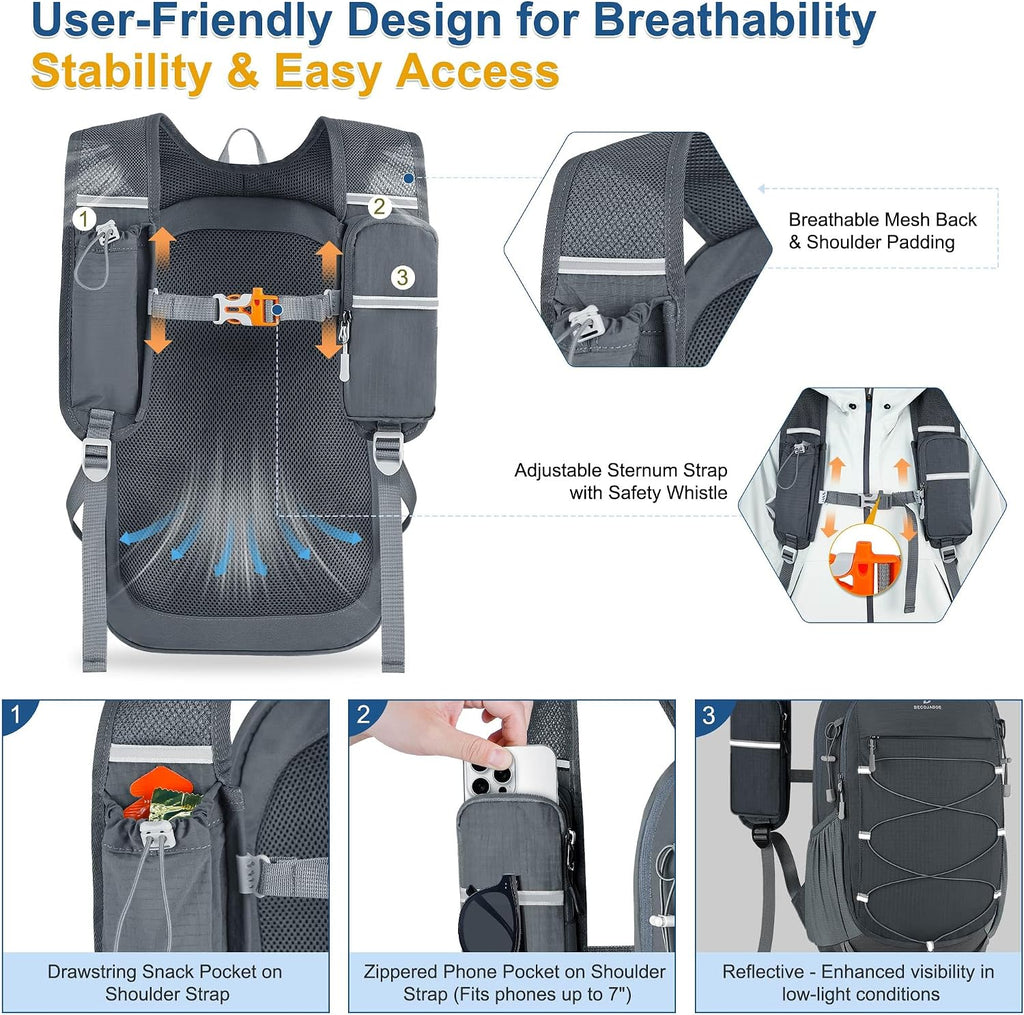 BECOJADDE Hiking Backpack 15L Small Backpack Packable Day pack Water Resistant Lightweight Travel Backpack for Women Men with Shoulder Strap Pockets for Hiking Camping Outdoor, Grey