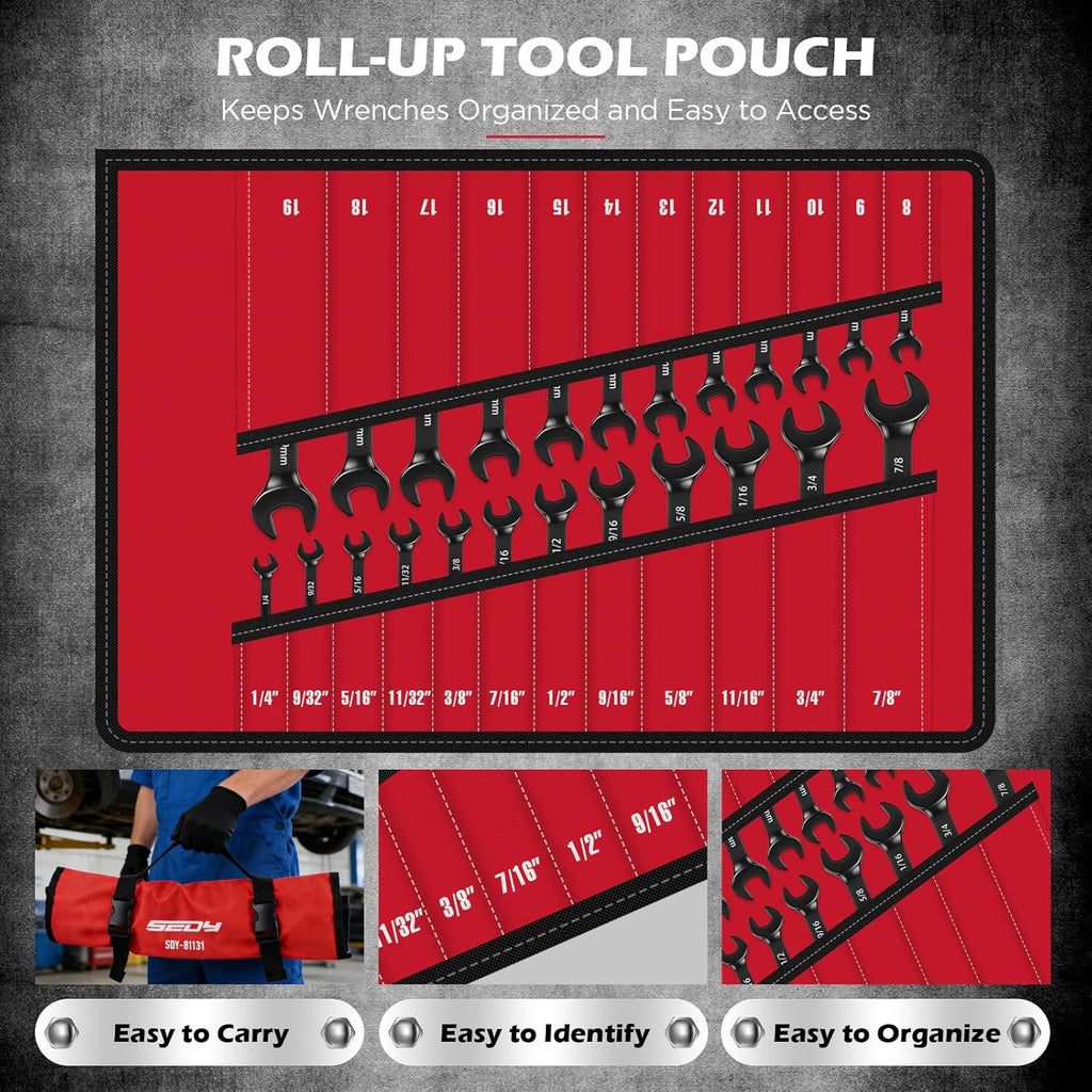 Premium 24-Piece Ratcheting Wrench Set, SAE(1/4-7/8") & Metric(8–19mm) Combination Wrenches, 72-Tooth CR-V Steel with Durable Black Finish, Ratchet Spanners with Roll-Up Tool Pouch for Repair