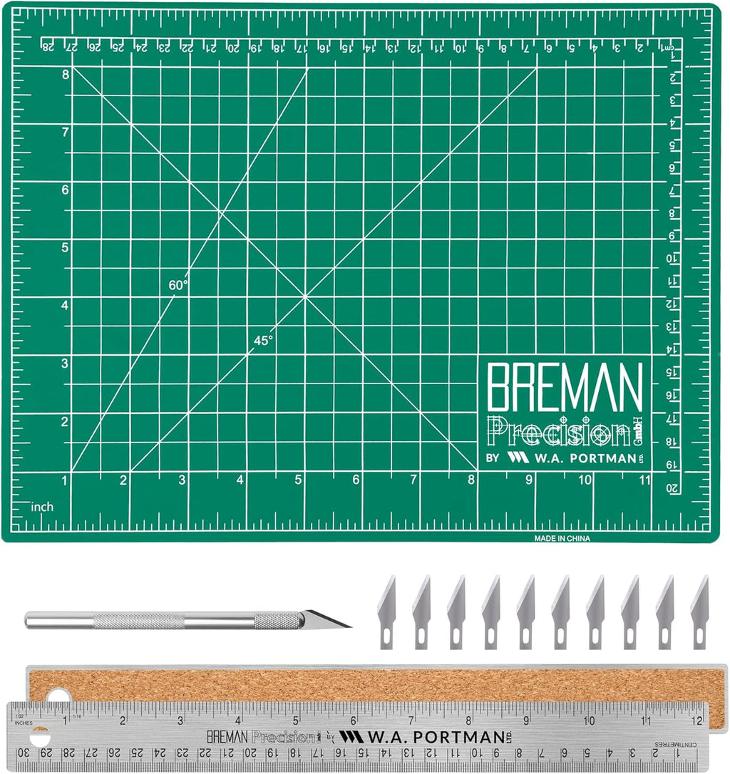 WA Portman Self-Healing Cutting Mat with Hobby Knife, 12'' Metal Ruler Set