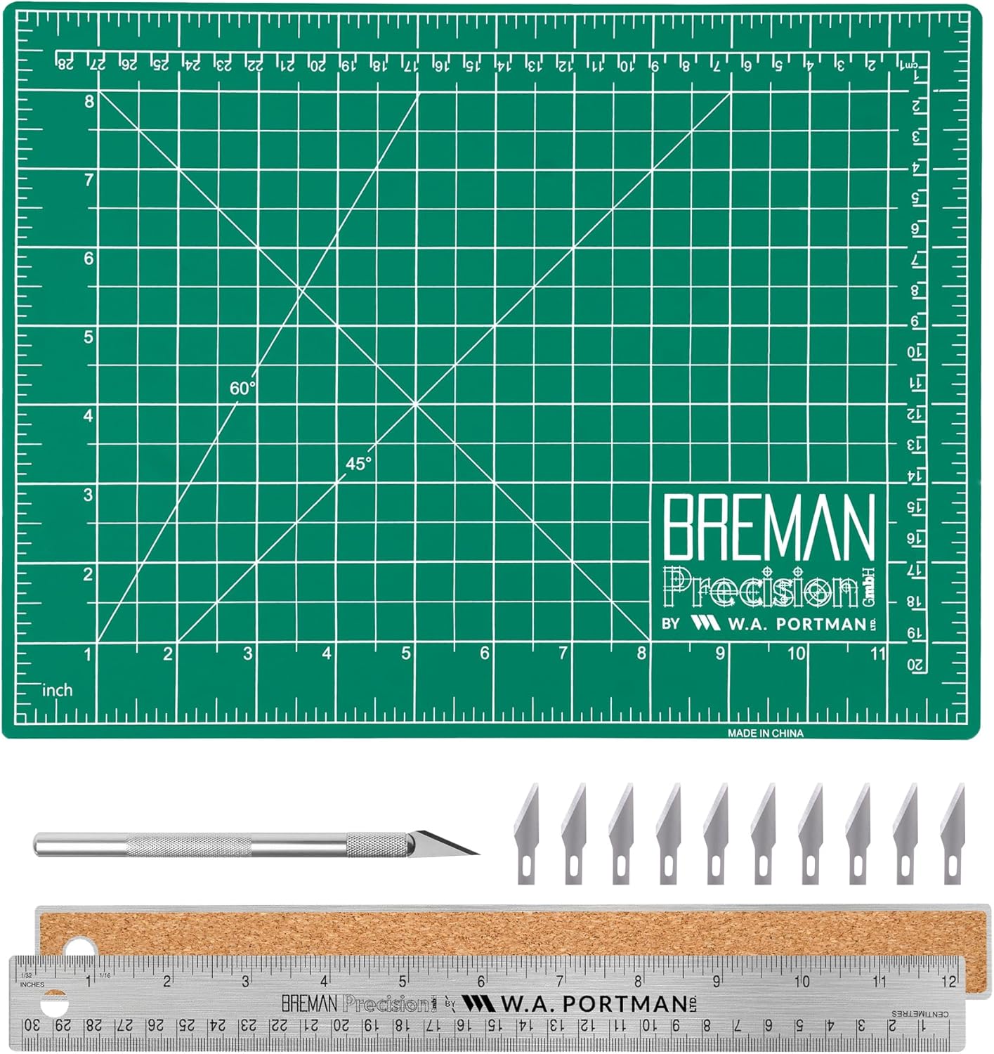 WA Portman Self-Healing Cutting Mat with Hobby Knife, 12'' Metal Ruler Set