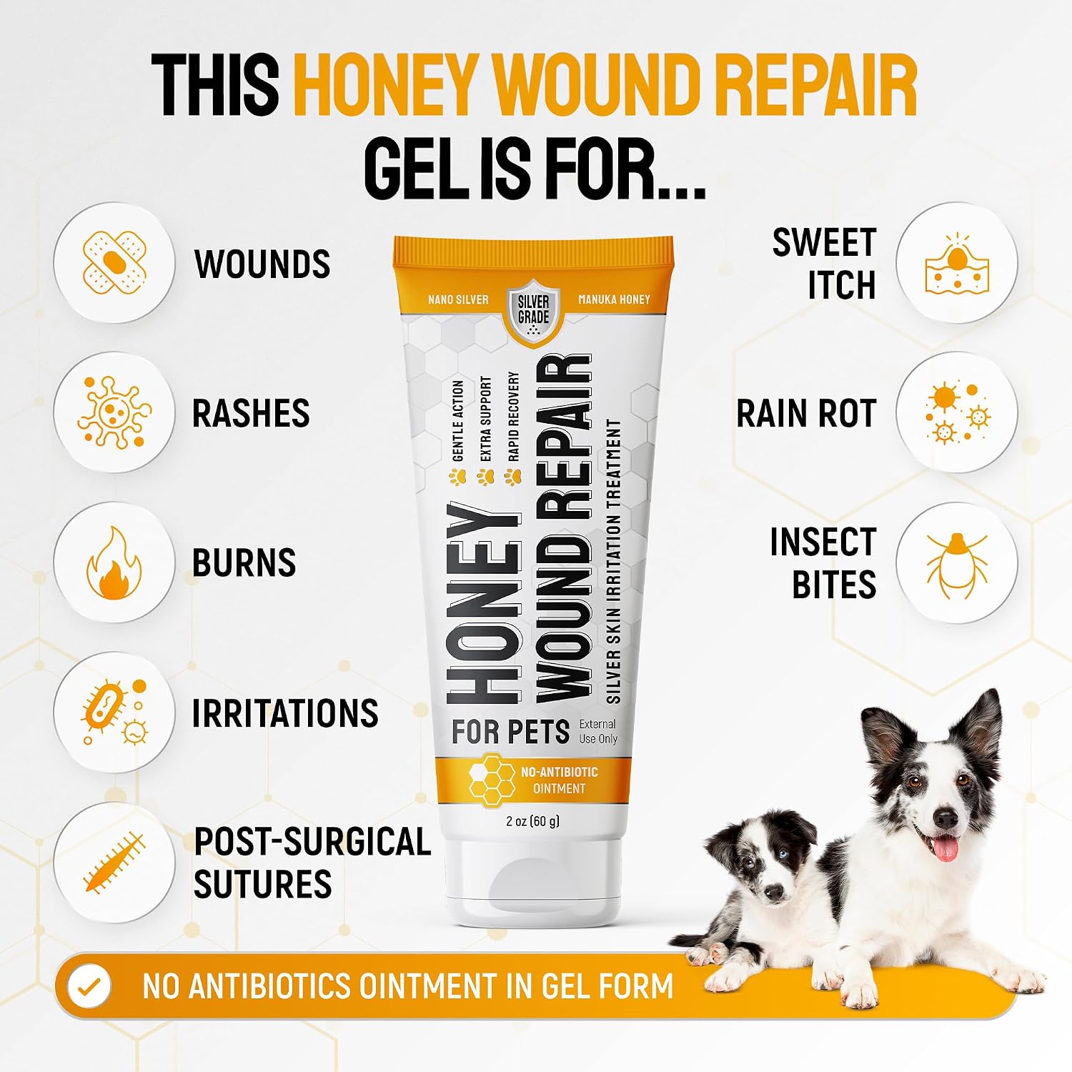 SILVER GRADE Dog Wound Care with Manuka Honey & Colloidal Silver for Scratches & Skin Irritations – Cat & Dog Hot Spot Treatment Gel Works as Honey Rapid Wound Repair for Horses – for All Pets – 2-Oz