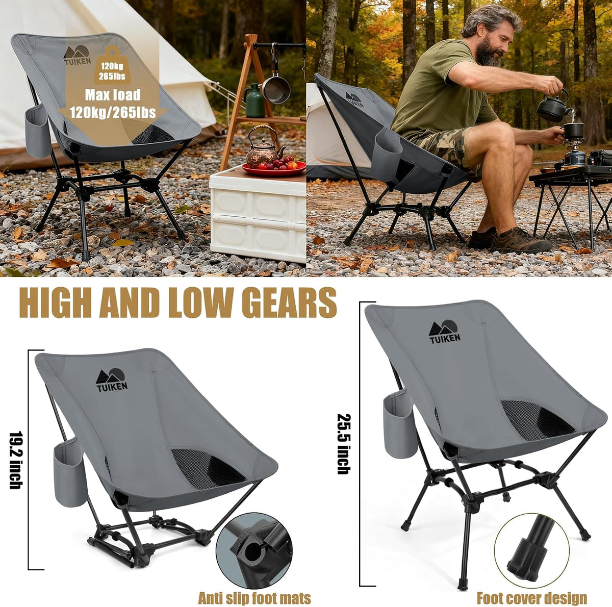 Ultralight Camping Chair Backpacking Chair, Portable Camp Chair with Cup Holder & Storage Bag, Lightweight Compact Folding Chair for Hiking, Travel, Picnic Mountaineering-Grey