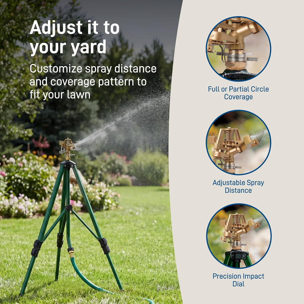 Orbit Tripod Lawn Zinc Impact Sprinkler - 360 Degree Rotating Yard Sprinkler with Adjustable Height - Heavy-Duty Zinc - High-Pressure Nozzle - for Large Lawn Coverage - 56667