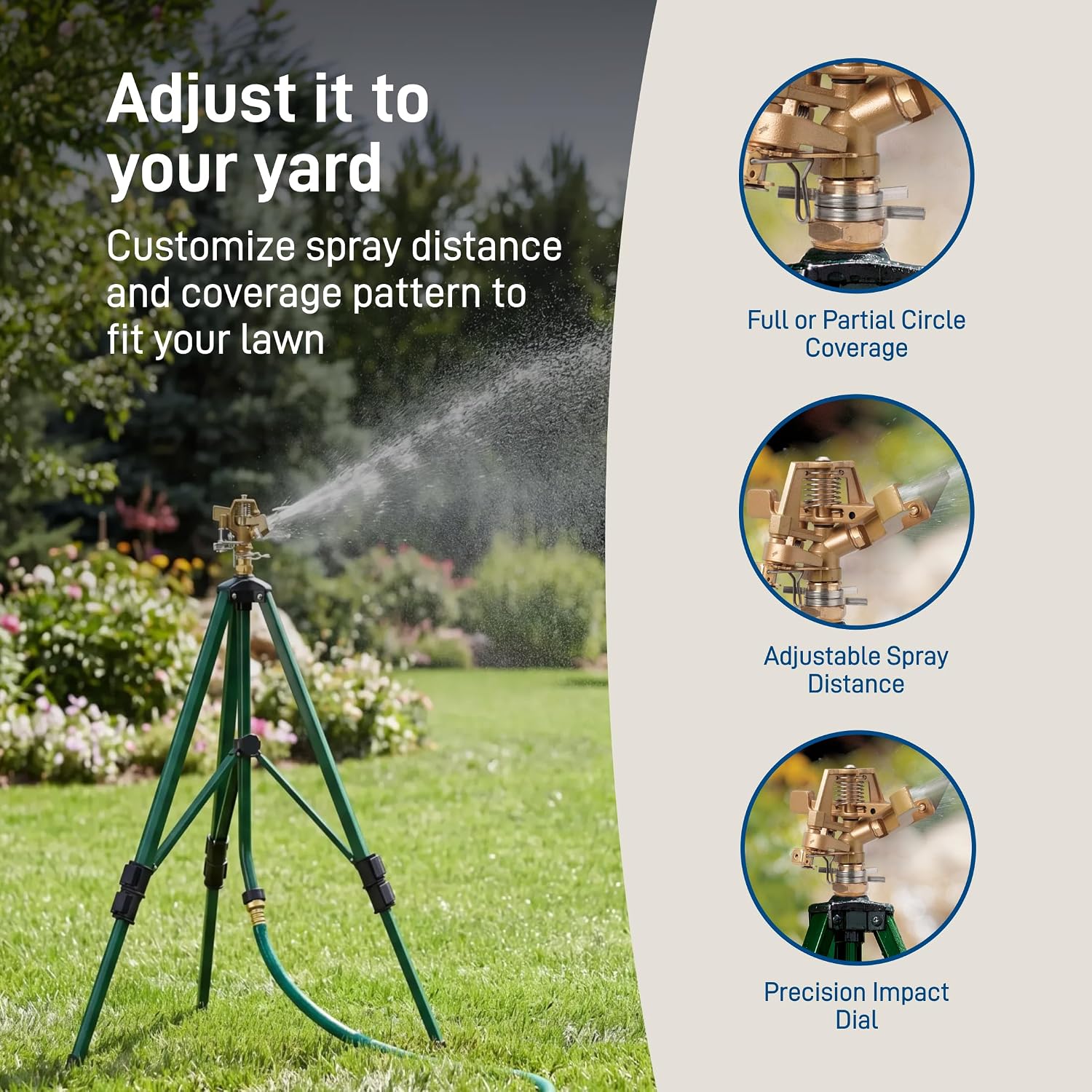 Orbit Tripod Lawn Zinc Impact Sprinkler - 360 Degree Rotating Yard Sprinkler with Adjustable Height - Heavy-Duty Zinc - High-Pressure Nozzle - for Large Lawn Coverage - 56667