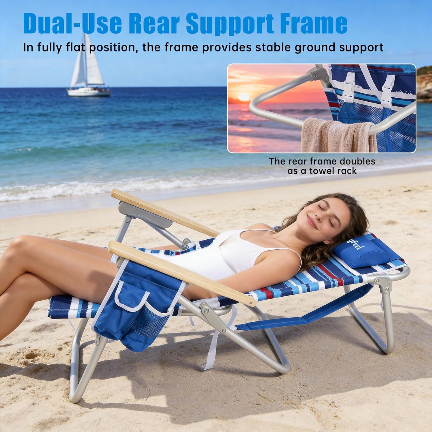 SUNNYFEEL Folding Beach Chair, Aluminum Heavy Duty Beach Chair with 5-Position, Portable Camping Chair for Adult, Low Back, Wood Armrest, Lightweight, 300lbs, Blue Stripe, 2 Pack