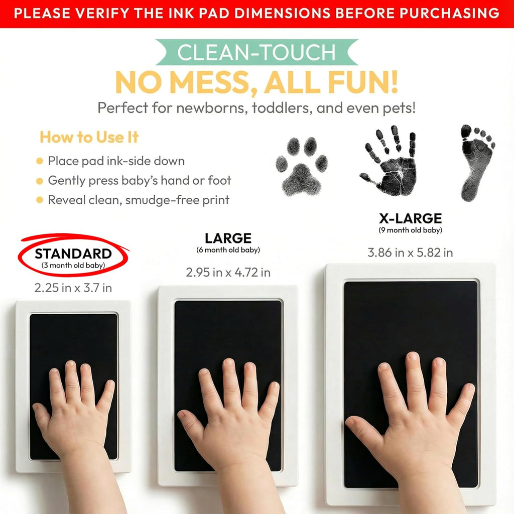 Clean Touch Ink Pad for Baby Handprints and Footprints – Inkless Infant Hand & Foot Stamp – Safe for Babies, Doesn’t Touch Skin – Perfect Family Memory or Gift – Black Standard Size [4 Pack]