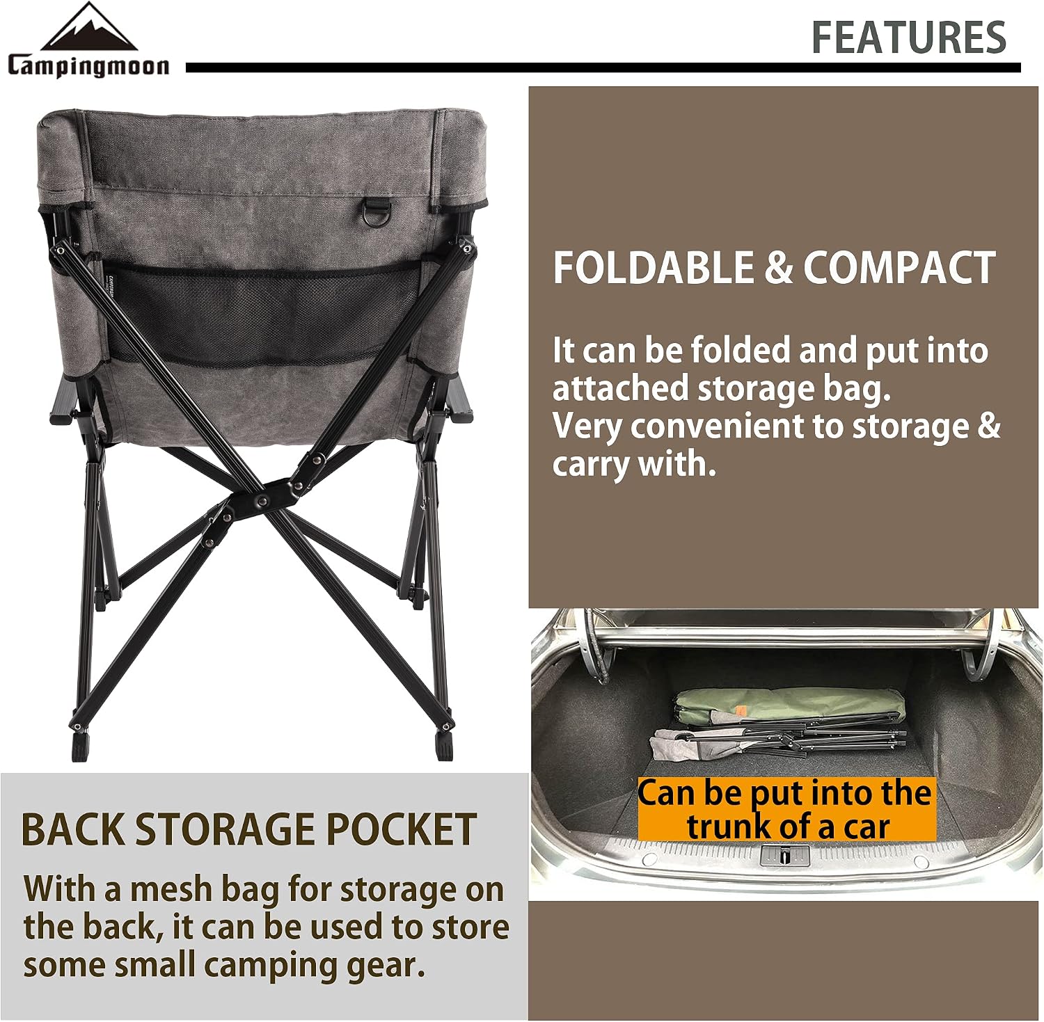 CAMPINGMOON Portable Cotton Canvas Campfire Bonfire Open Fire Camping Chair Low Style Chair Black F-1003C-BK