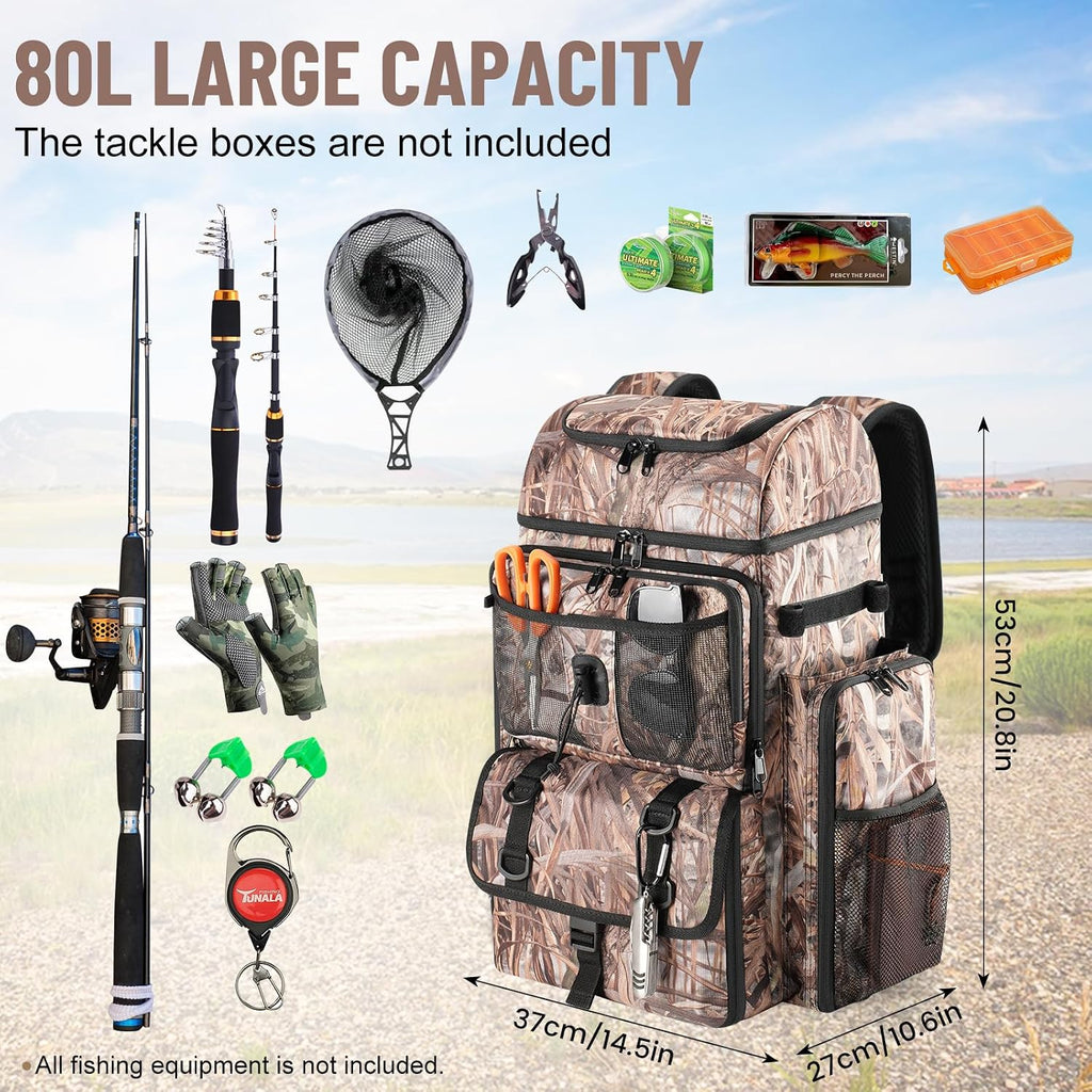 VJI 52L Large Fishing Tackle Backpack with Rod Holders, Reed Beige