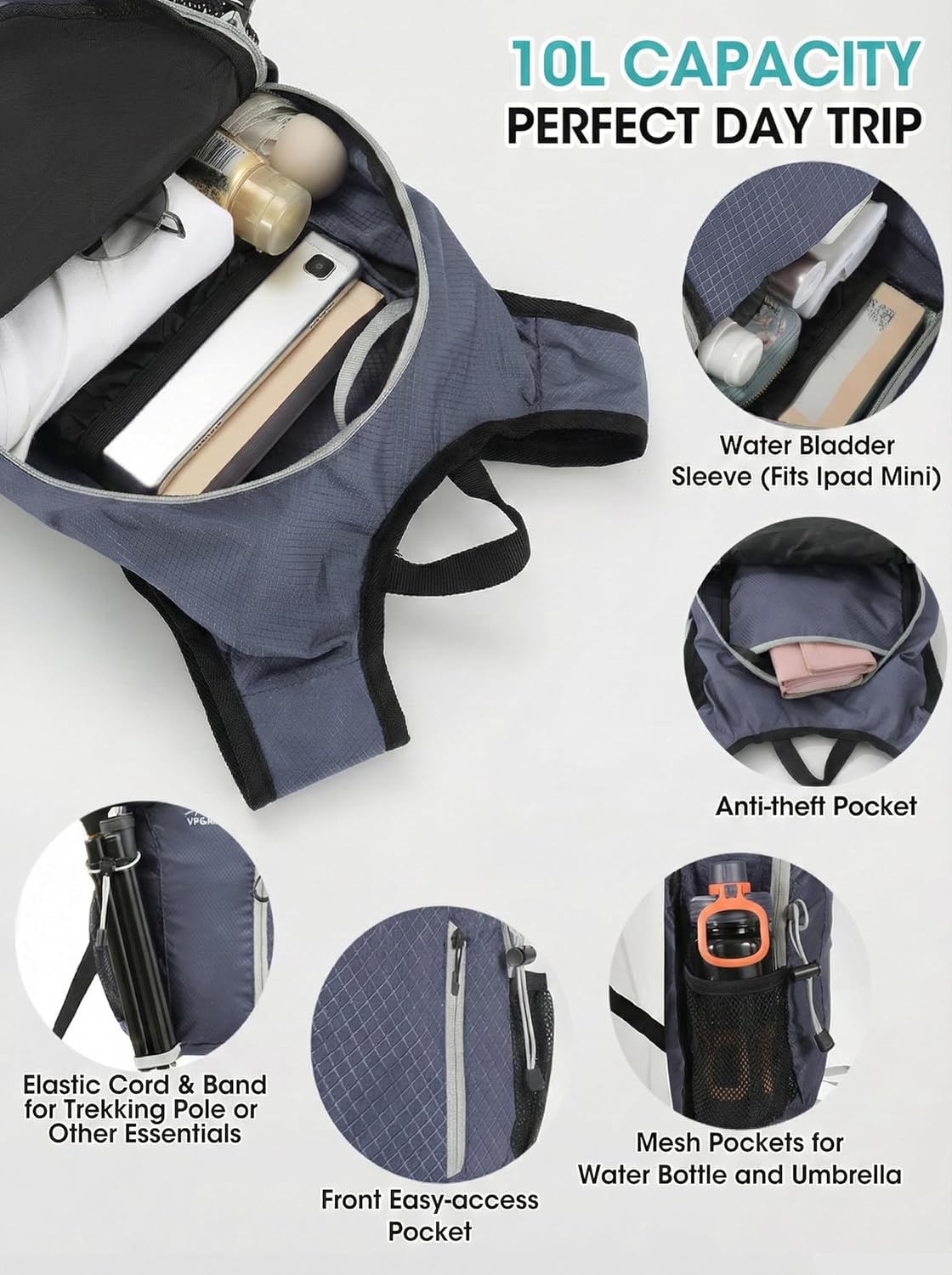 Foldable Small Hiking Backpack with 3 Strap Pockets – Lightweight 300D Spill-proof Daypack for Men Women – Packable Small Travel Backpack with Chest Strap & Trekking Pole Holder – Durable Outdoor Bag