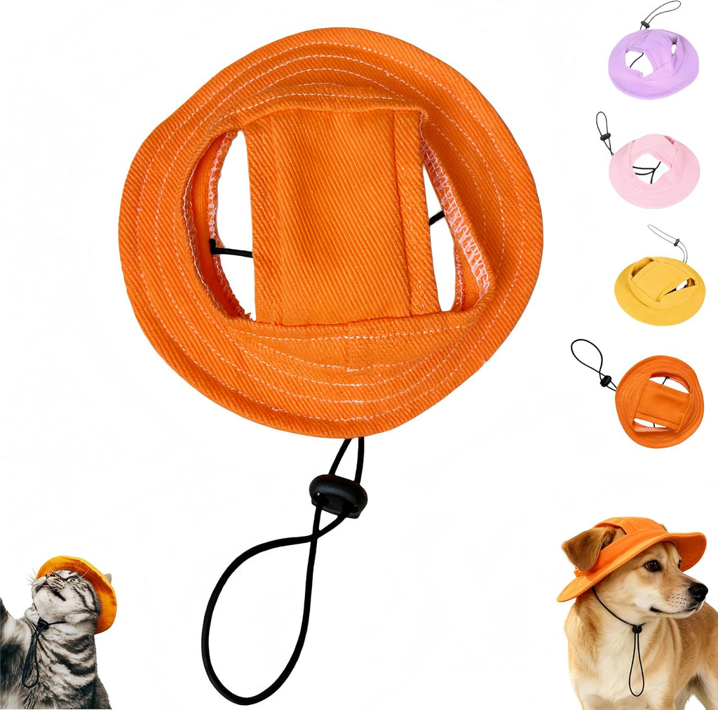 Denim Flannel Pet Sun Hat with Ear Holes, Adjustable UV Protection Cap for Dogs & Cats, Breathable Summer Outdoor Hat with Curved Brim (Orange, M)