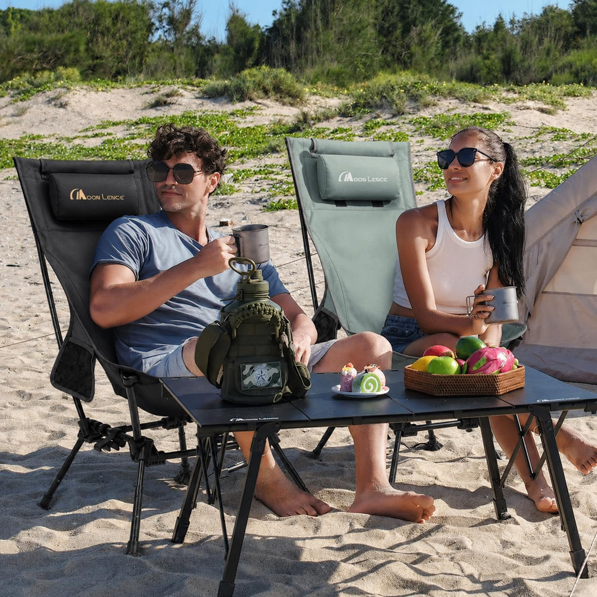 MOON LENCE High Back Folding Camping Chairs, Height-Adjustable, Widened Seat, for Beach with Anti-Sinking Feet (Grey)