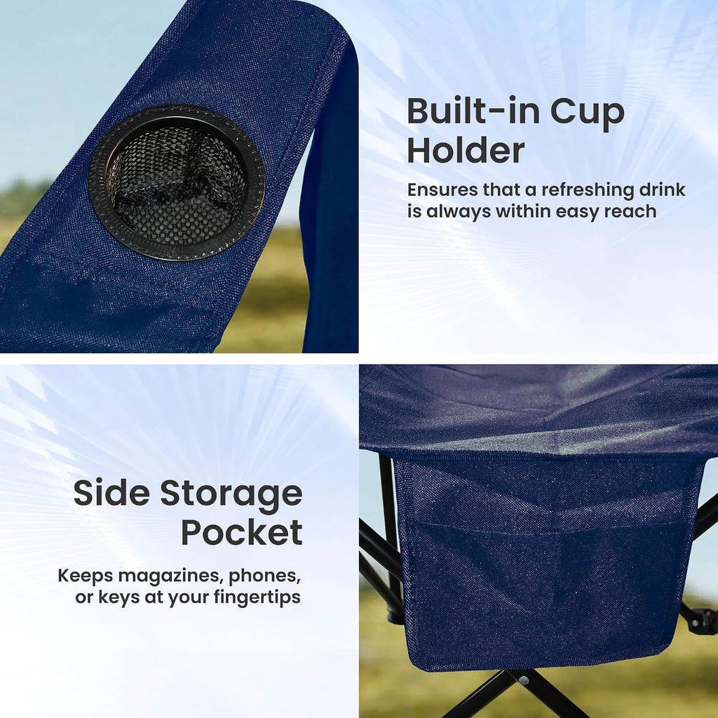 Camping Chairs for Adults 2 Pack, 300LBS Heavy Duty Reinforced Steel Portable Folding Chairs, Ergonomic High Back Outdoor Chair with Cup Holder & Side Pocket, Lightweight Set for Beach Picnic, Blue