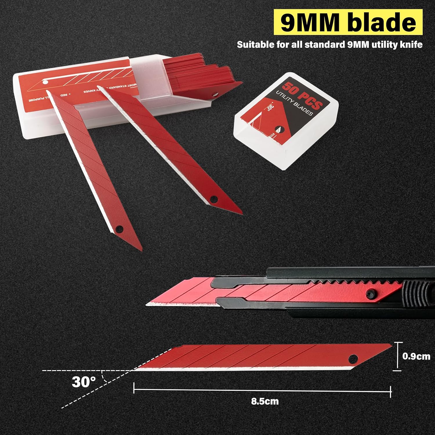 Gomake 9mm Utility Knife Replacement Blades,30 Degree Snap Off Carbon Steel Knife Blades for Retractable Cutting Knives, Hobby, Craft, Box Cutter 100PCS (Red)