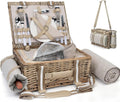 19Pcs Picnic Basket for 2 with Insulated Liner and Waterproof Picnic Blanket Wine Pouch, Large Wicker Picnic Hamper for Camping,Outdoor,Valentine Christmas for Couples