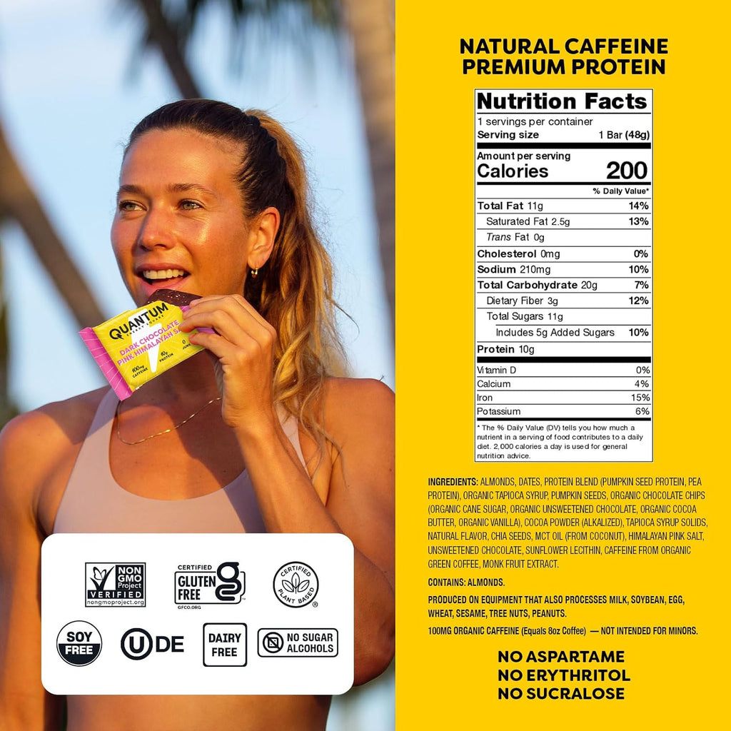 Quantum Energy Square: Energy Bar with Caffeine & 10g Protein. Delicious Healthy Snack On The Go. (Vegan, Gluten-free, Soy-free, Dairy-free) (Dark Chocolate Pink Himalayan Salt)