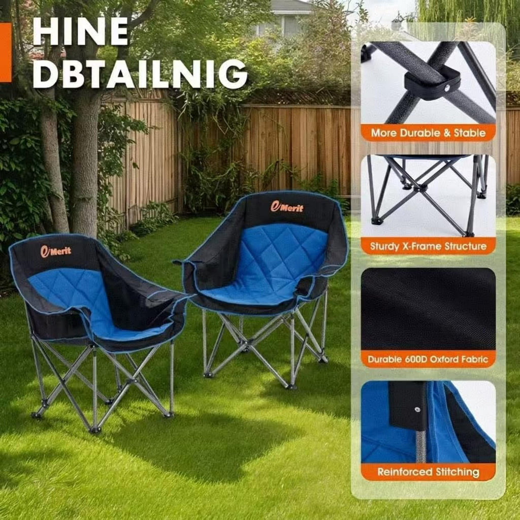 EMERIT 2 Pack Oversized Padded Camping Chair for Big Tall Adults, 500 LBS Heavy Duty Foldable Quad Lawn Chair, 19.68" High Seat, 4-Layer Cushion, Cup Holder, Camping Tailgating Backyard Patio, Blue