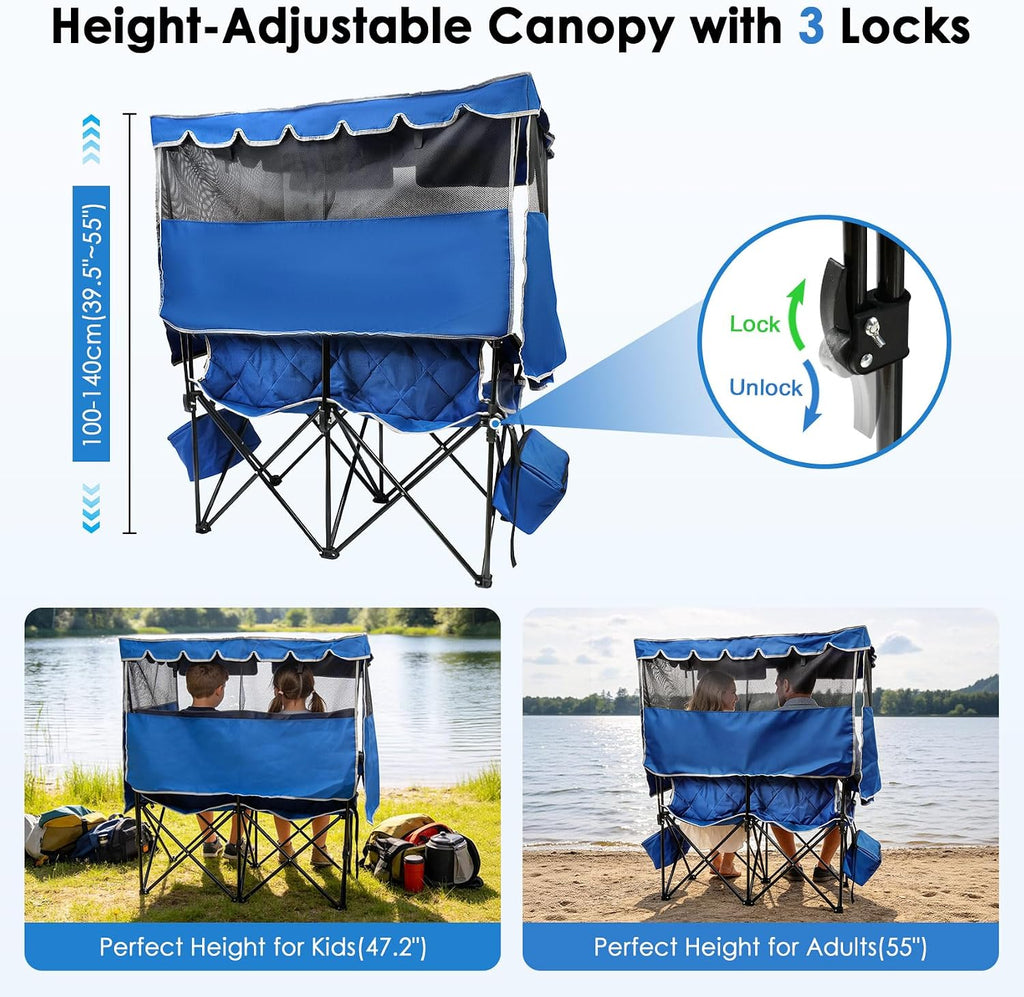 Suteck Double Camping Chair with Canopy, 660lbs Folding Loveseat with Shade