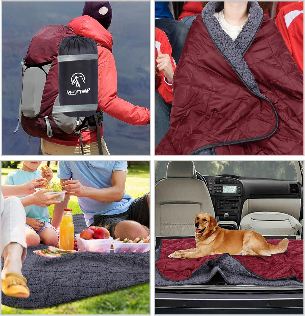 REDCAMP Large Camping Blanket with Sherpa Lining, Wine Red 79"x59"
