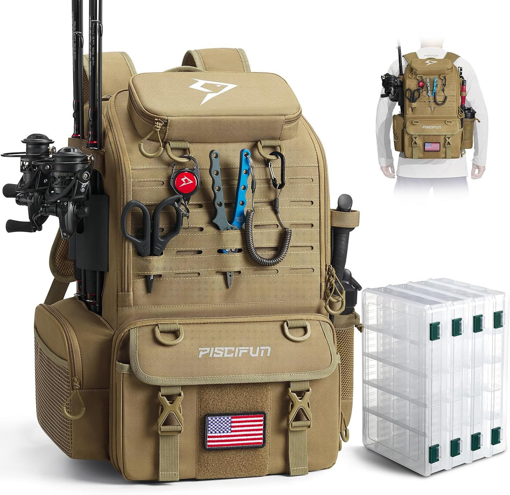 Piscifun 52L Fishing Tackle Backpack, 17 Pockets, Rod Holders & 4 Boxes