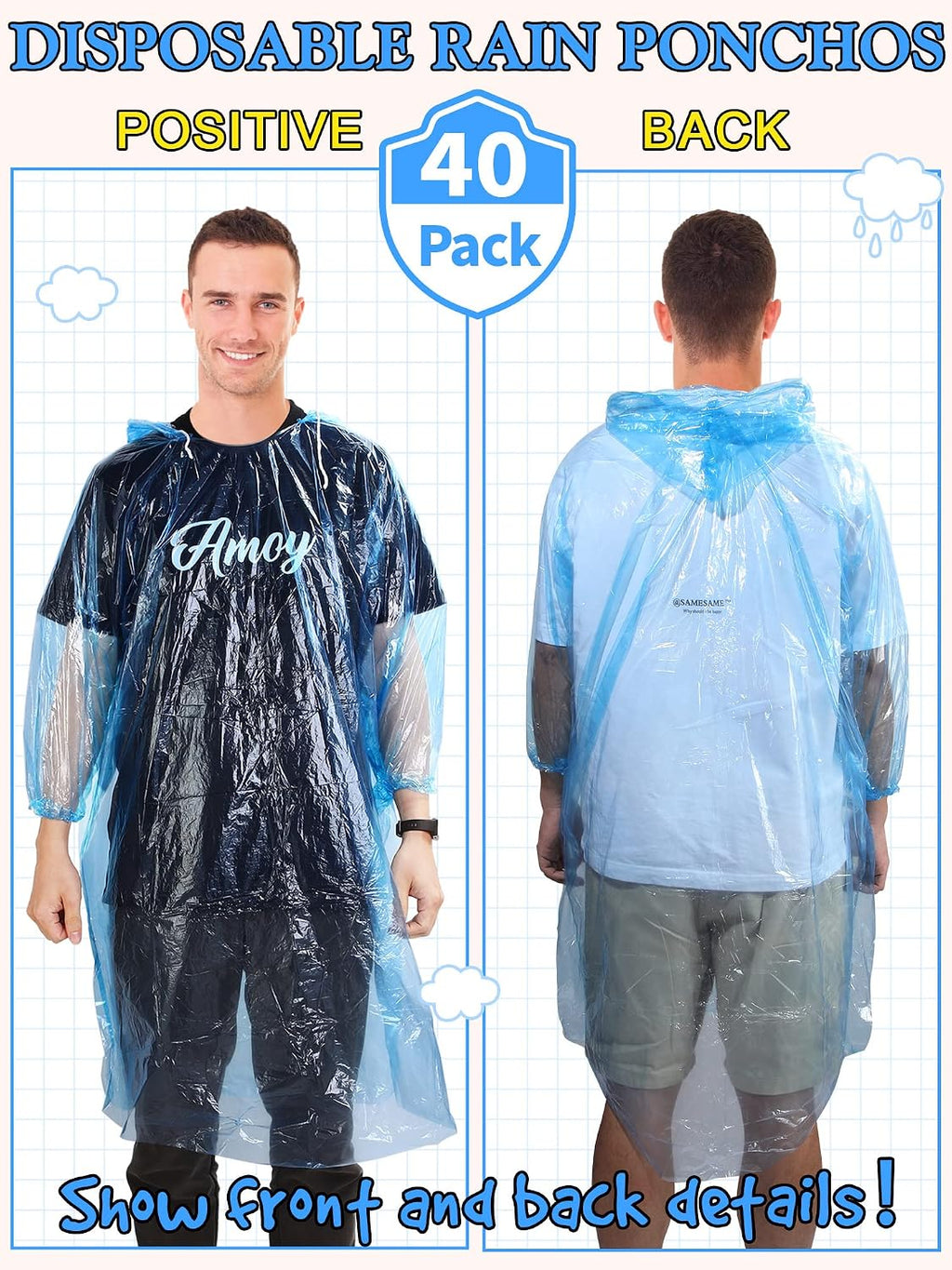 Tarpop 40 Pack Disposable Rain Ponchos Adult Drawstring Hood