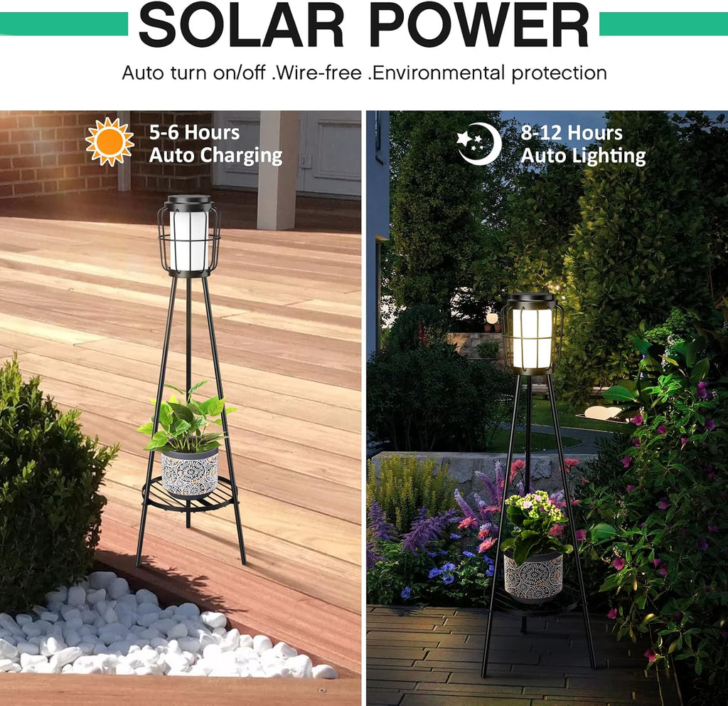 VISFLAIR 2 Pack Solar Lights with Plant Stand, Outdoor Floor Lamps, Waterproof Solar Powered Floor Lamps for Patio Deck Porch Yard Garden Decor