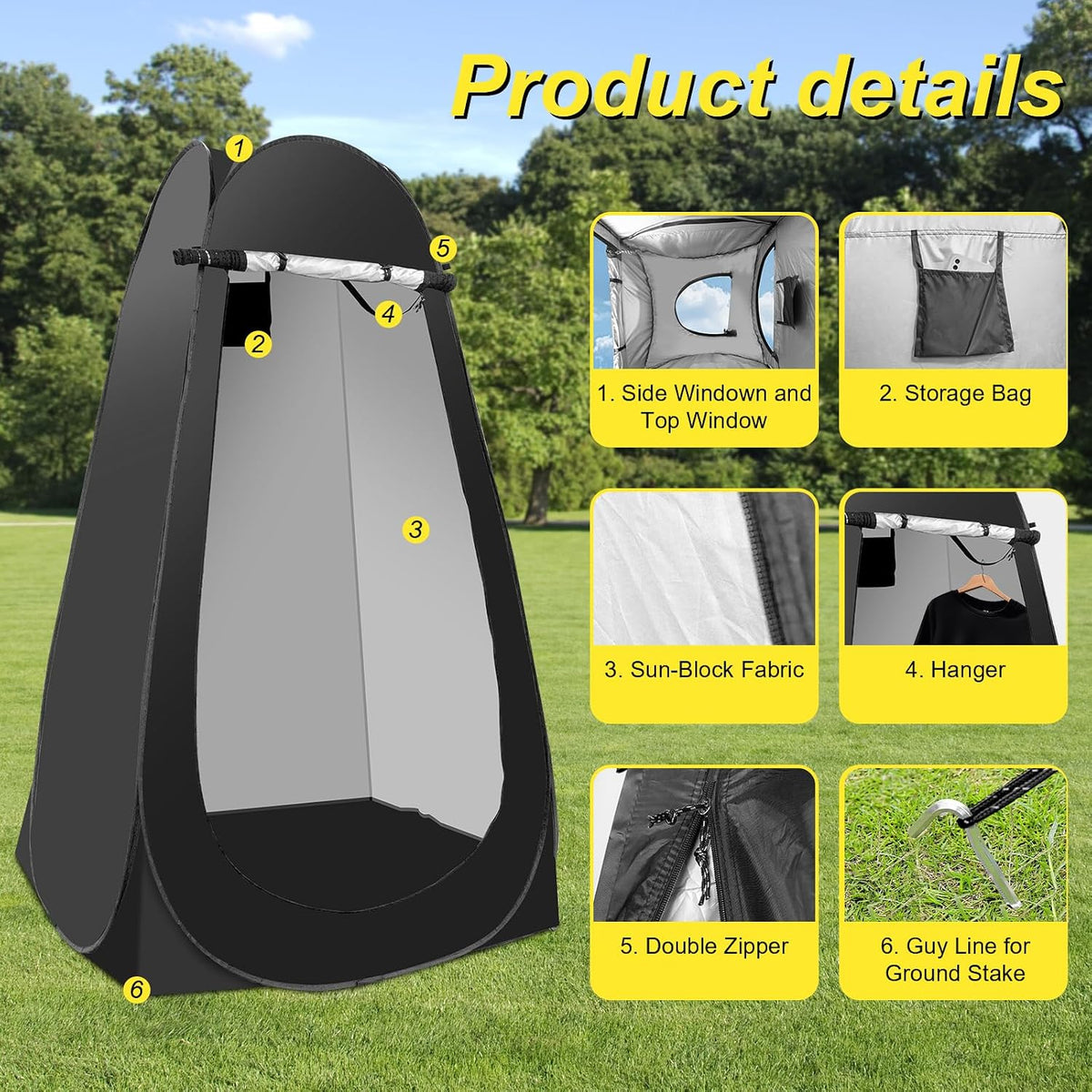 Pop Up Shower Tent for Camping, Portable Outdoor Privacy Shower Tent with 6000mAh Rechargeable Shower (Black)