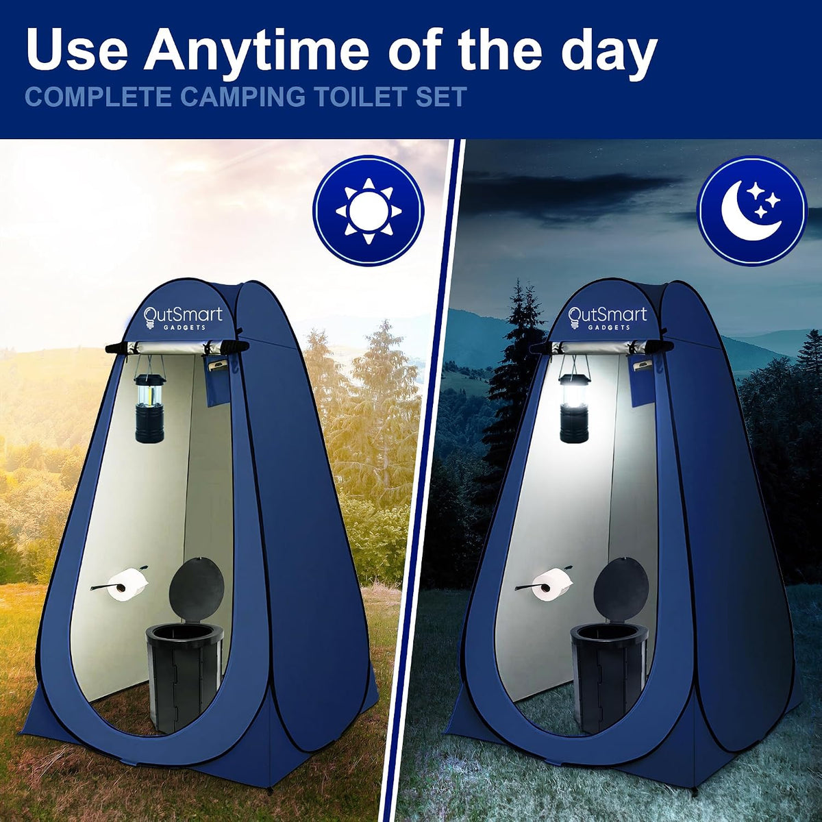 Outsmart Gadgets Outdoor Portable Toilet Set for Adults with Camping Night Lantern, Folding XL Toilet, Pop Up Privacy Tent and Carry Bags, Multipurpose Potty, Washable and Foldable for RV Travel