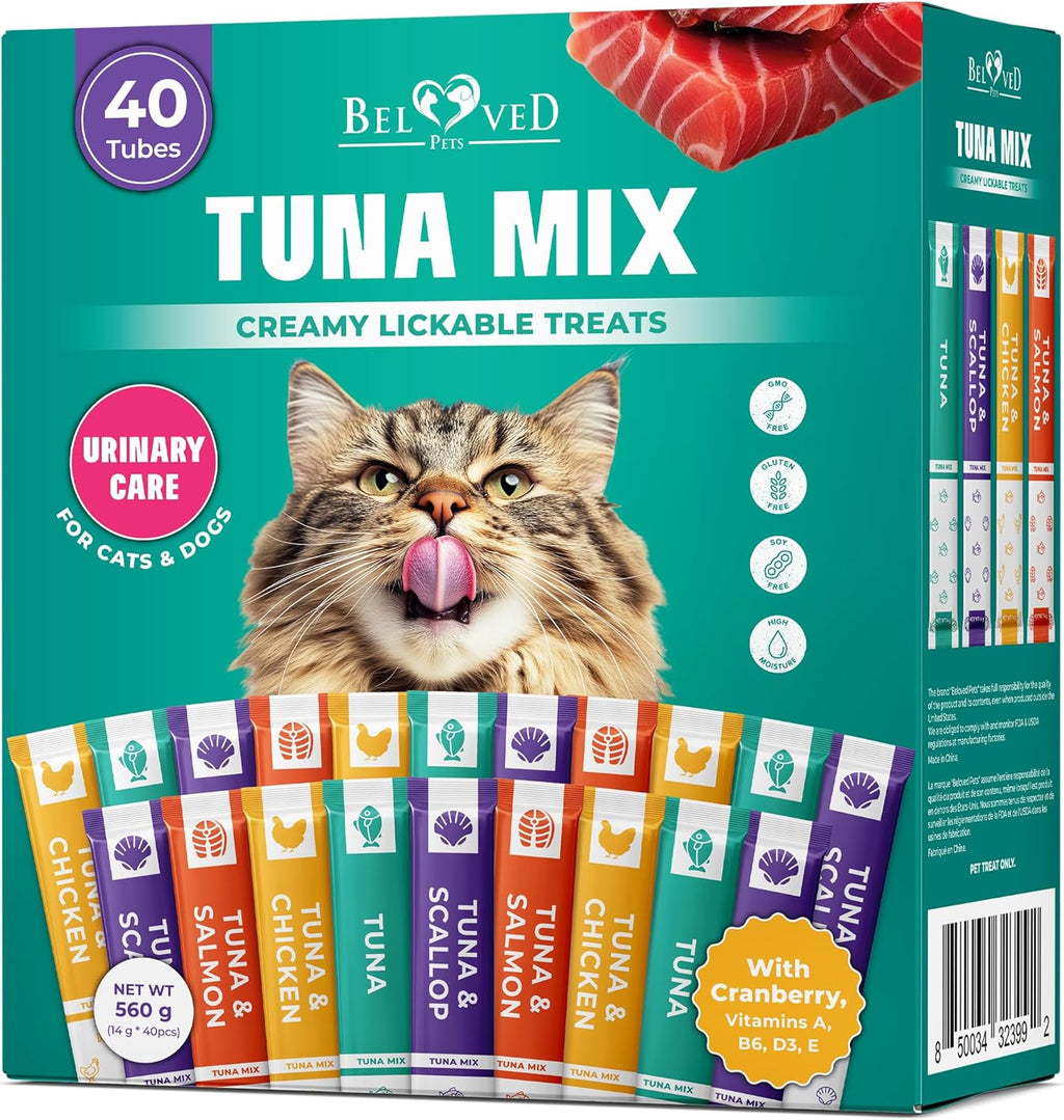 Beloved Pets Creamy Lickable Cat Treats & Wet Food Squeeze Tubes – Liquid Kitten Snacks, Urinary Tract Care, Multivitamin Treats for Cats, & Small Dogs, Lick Up 40 Sticks Tuna Mix
