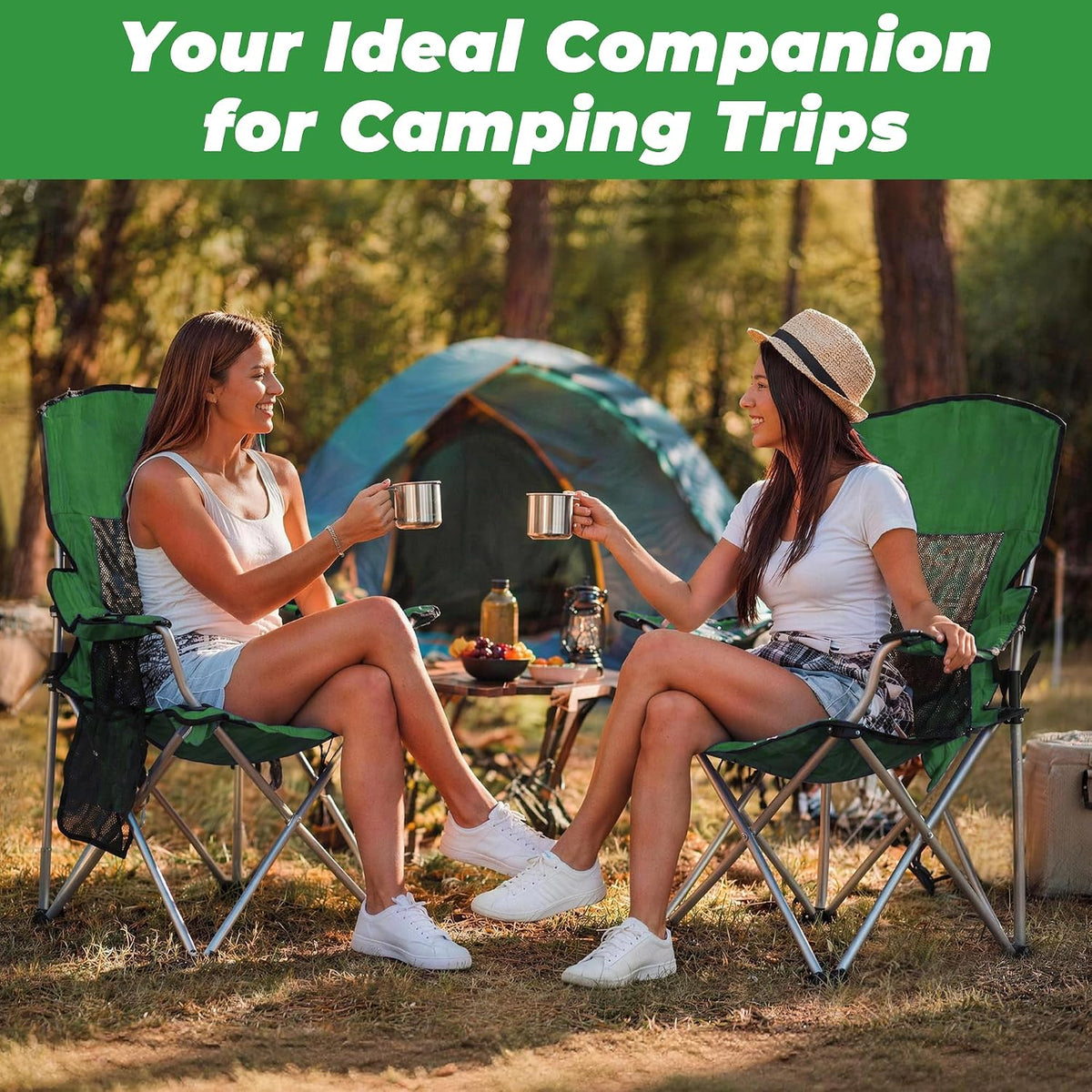 HULKFIT Folding Camping Chairs, Portable Outdoor Beach Lawn Chair for Adults with Carry Bag & Built-in Cup Holder, Casual Foldable Chair for Picnic Fishing Garden,Grass Green