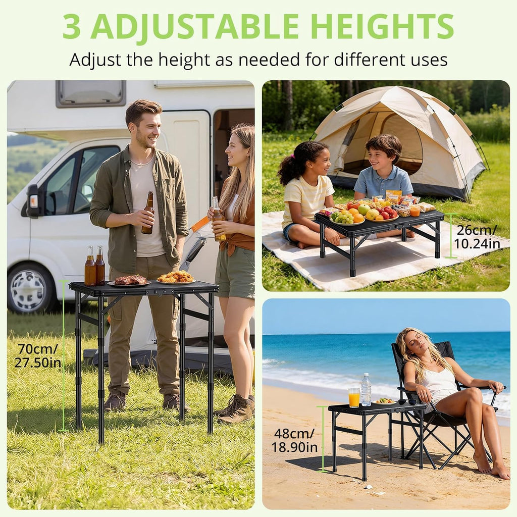 2ft Plastic Folding Camping Table, 3 Adjustable Height Waterproof Small Folding Table with Portable Carry Handle for Outdoor Indoor RV Travel Picnic Beach Patio, 22.8" X 15.7", Pure Black